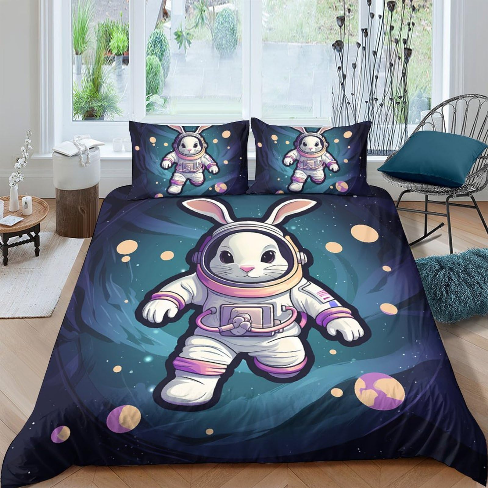 Ctjqhvkz Style-8 3D Printed Space Rabbit Fitted Sheet Microfiber Cartoon Astronaut Mattress Cover For Bedroom Dorm Living Room Decor Single（135X200cm）