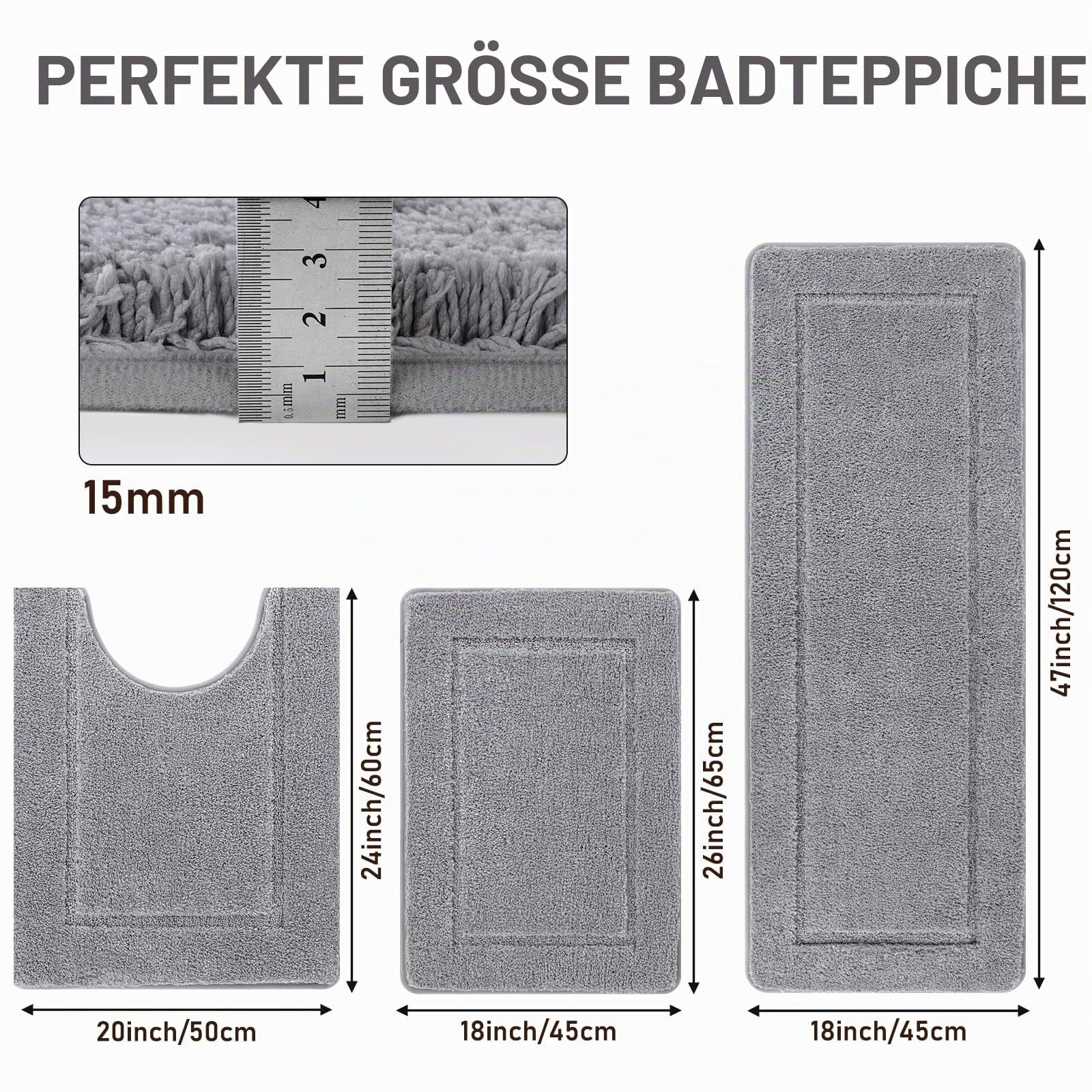 Pauwer Weich Badezimmerteppich Set 3 Teilig rutschfest Waschbare Badteppich Badvorleger und Toilettenmatte Saugfähiges Badematten Set für Dusche, Badewanne und WC, Grau