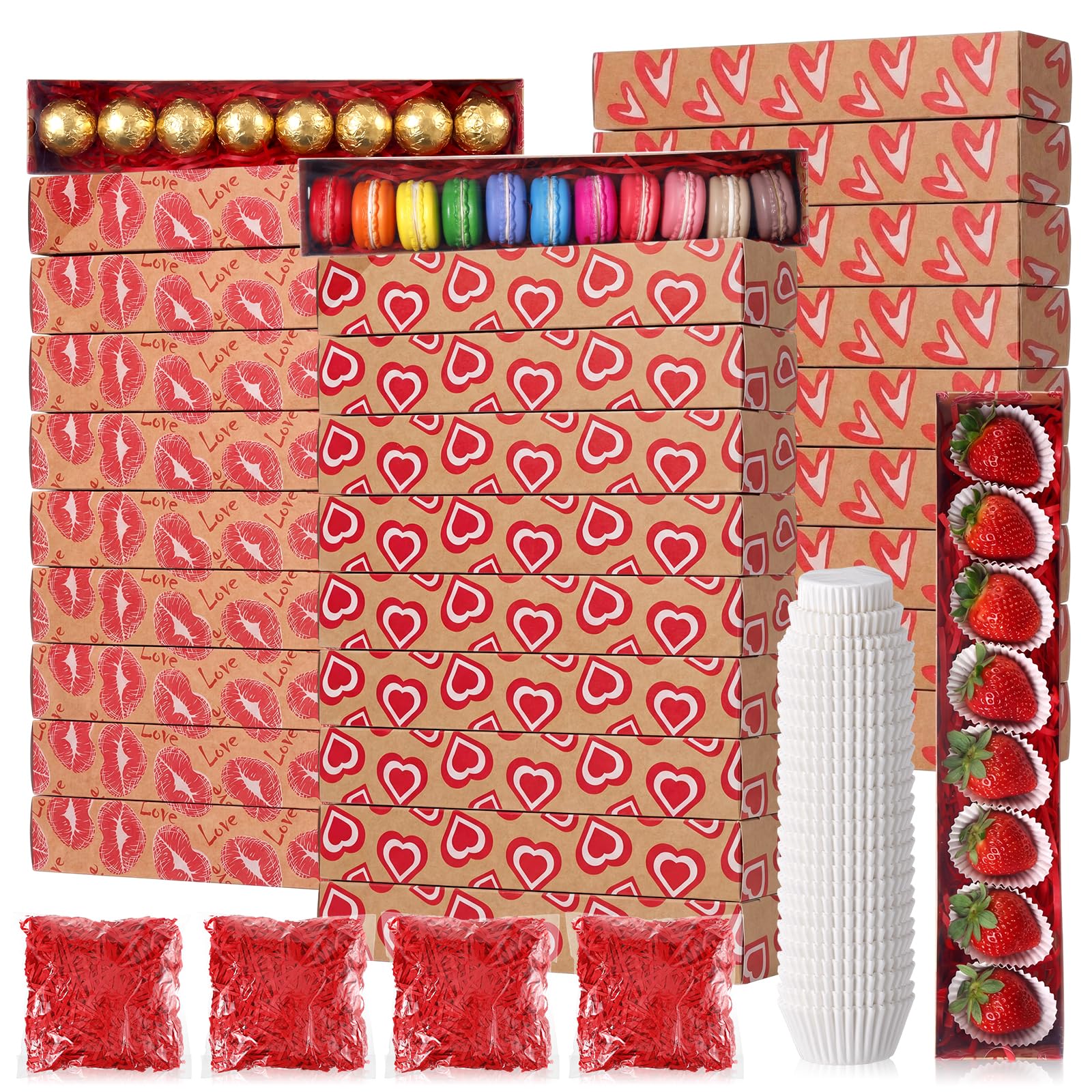 30 Sets Valentine Chocolate Strawberries Boxes with Clear Window 30 Pcs Bakery Macaron Boxes 250 Pcs Paper Food Trays 4 Bags Raffia Gift for Valentine 12 x 2.2 x 2 Inch(Classic Style)