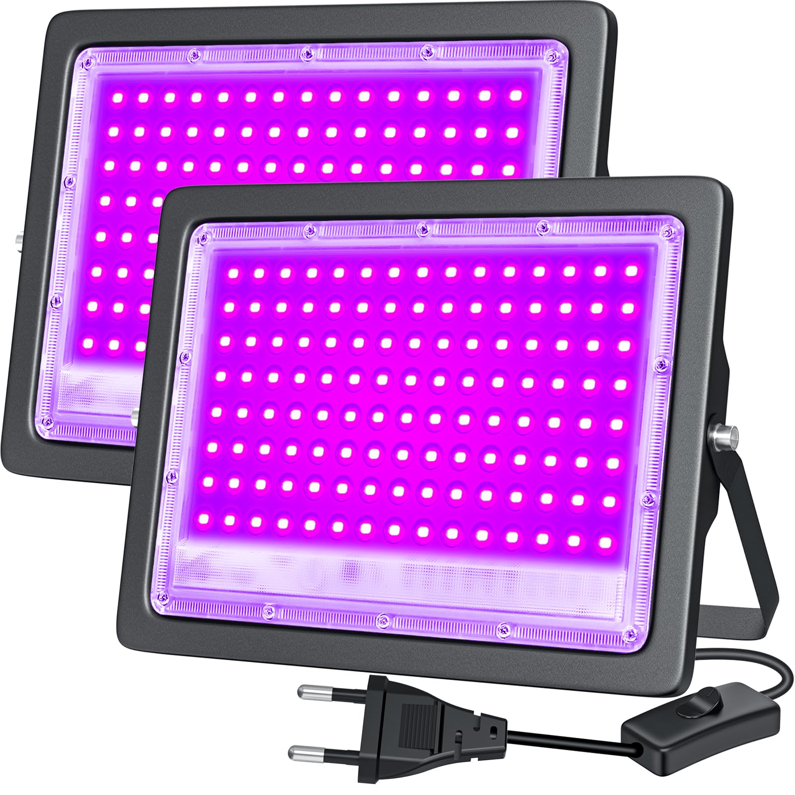LED Luz Negra UV,2Pcs 100W Foco UV Ultravioleta 385-400nm,IP66,Resistentes al Agua,con Enchufe e Interruptor,para Decoración de Halloween,Fiestas,Iluminación de Escenario y Navidad