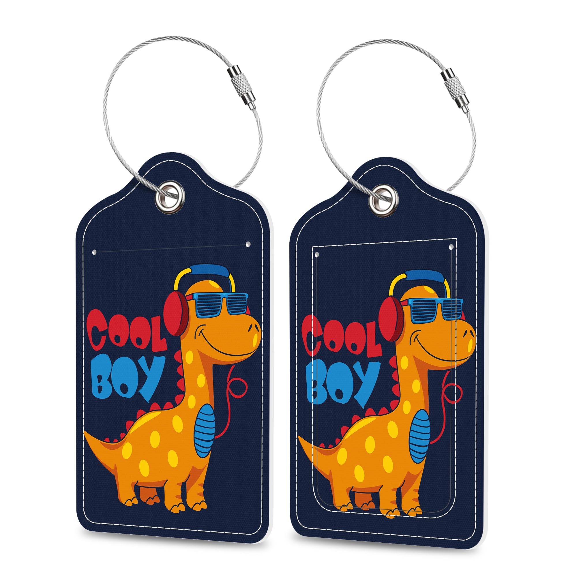 2 Pack Luggage Tags for Suitcase Cartoon Cool Dinosaur Leather Stainless Steel Loop Label Tags for Women Men Travel Bag Suitcase with Privacy Cover