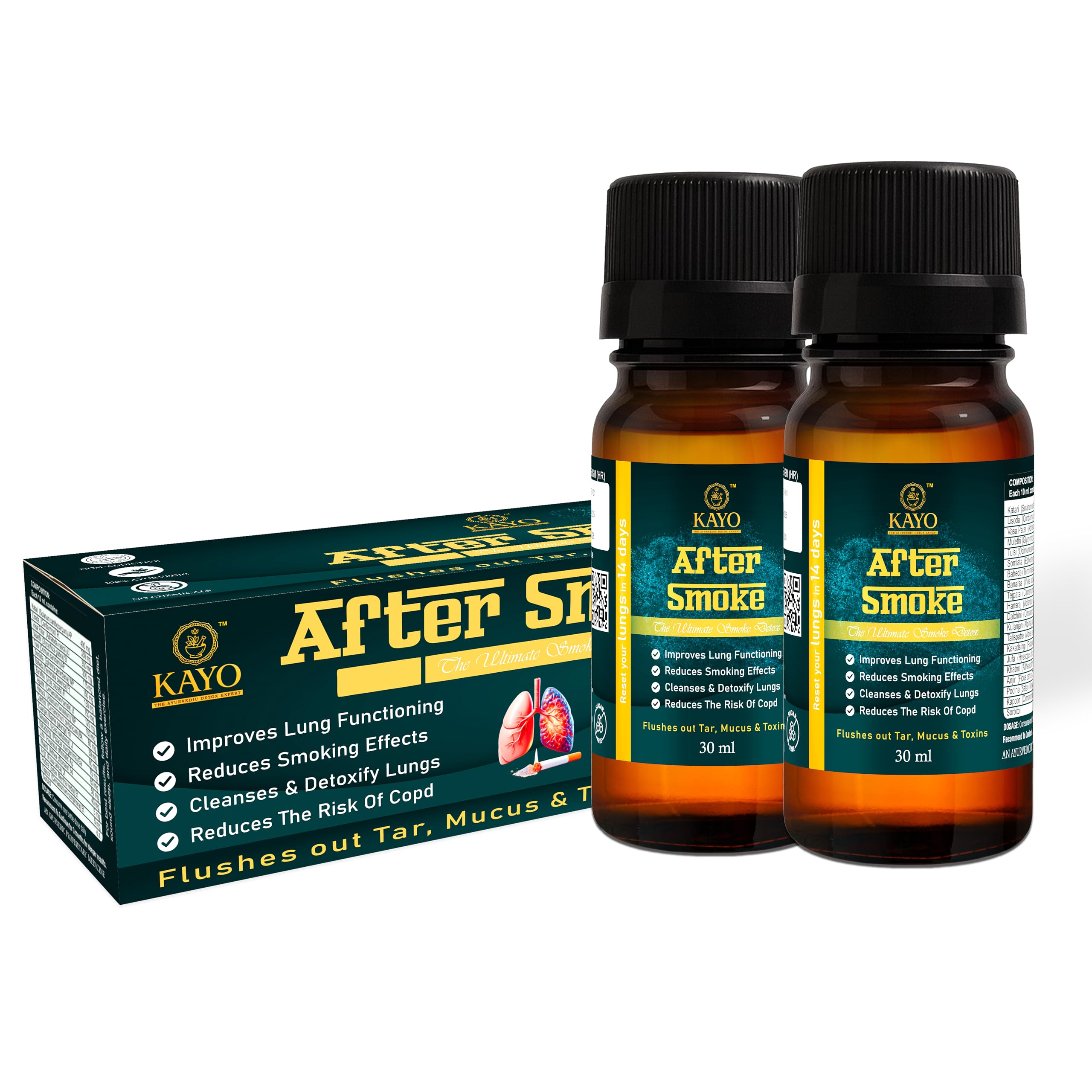 KAYO After Smoke Ayurvedic Lung Detox Shots | Helps Cleanse Lungs & Reduce Smoking, Pollution Effects | Supports Lung Function & Respiratory Health (14 * 30 ml)