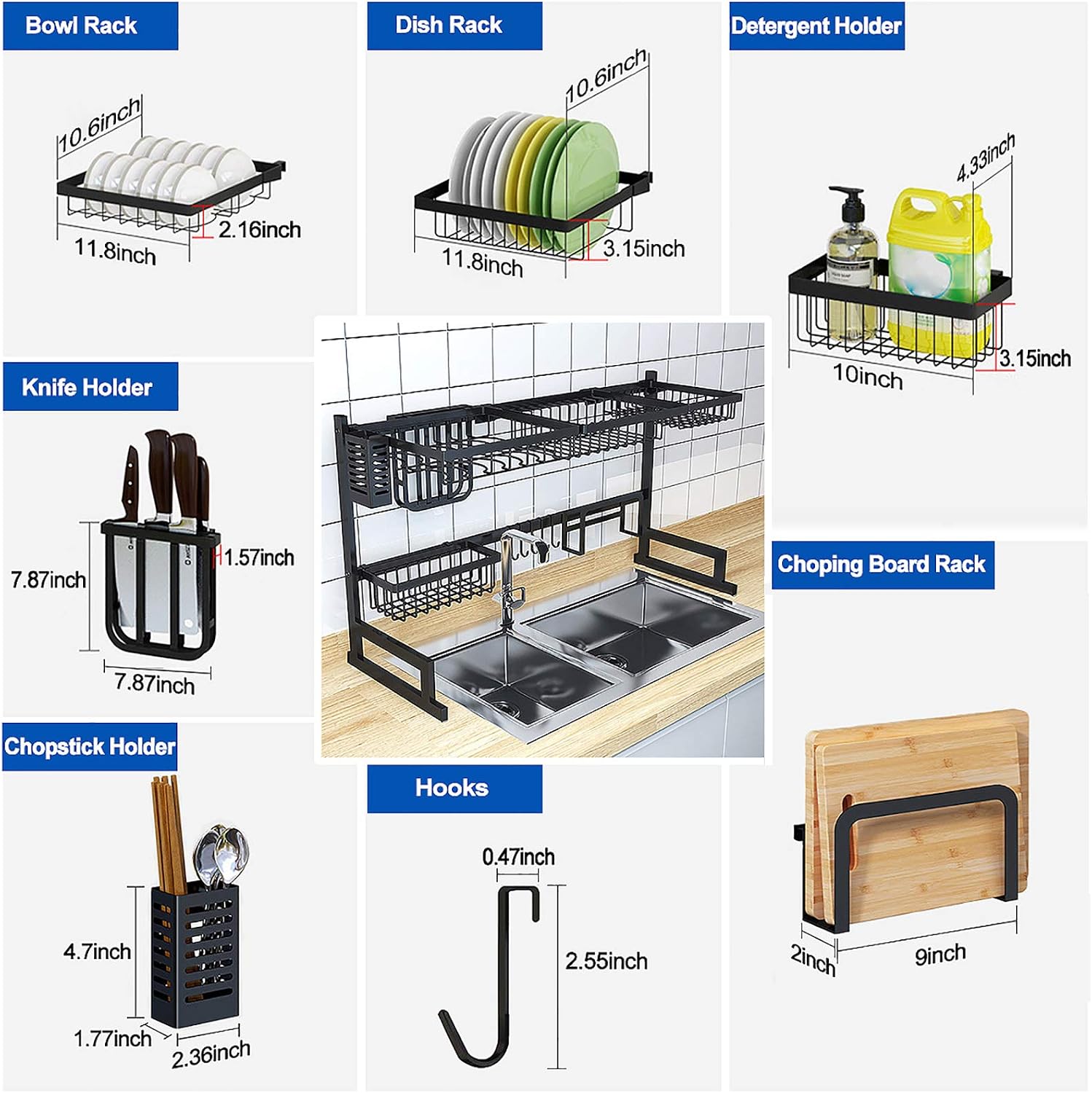WHIFEA 2 Tier Over Sink Dish Drying Rack 33.5''12.6''20.5'' Stainless Steel Kitchen Accessories Storage Shelf Above Sink with Utensils Holder Cutting Board Holder Hooks for Home Kitchen Matte Black