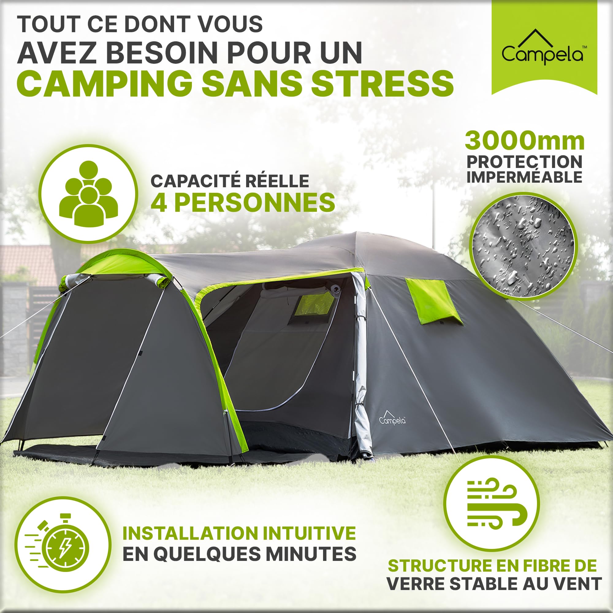 Tente Touristique Campela, Familiale Tropicale, pour 4 Personnes - étanche 3000m, Coutures étanchées, CA0013