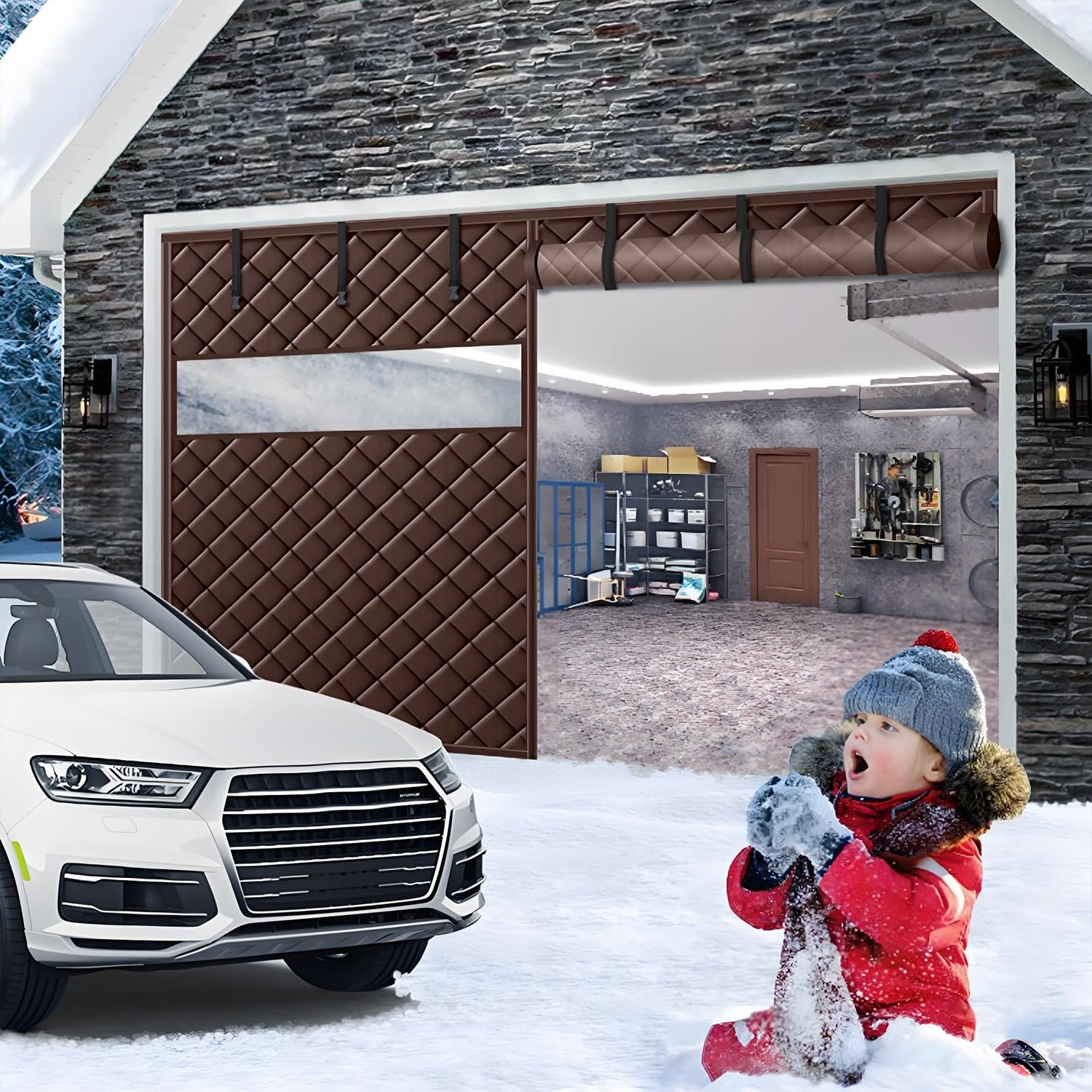 Rideau de porte magnétique isolant thermique en tissu Oxford café pour garage et maison 110x190cm