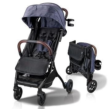 Strolee Lightweight Baby & Toddler Stroller, Ultra Compact, Airplane-Friendly Travel Stroller, One-Handed Fold, Near Flat Recline, X-L Canopy & Parent Cup Holder -LinQ v2 Deep Blue