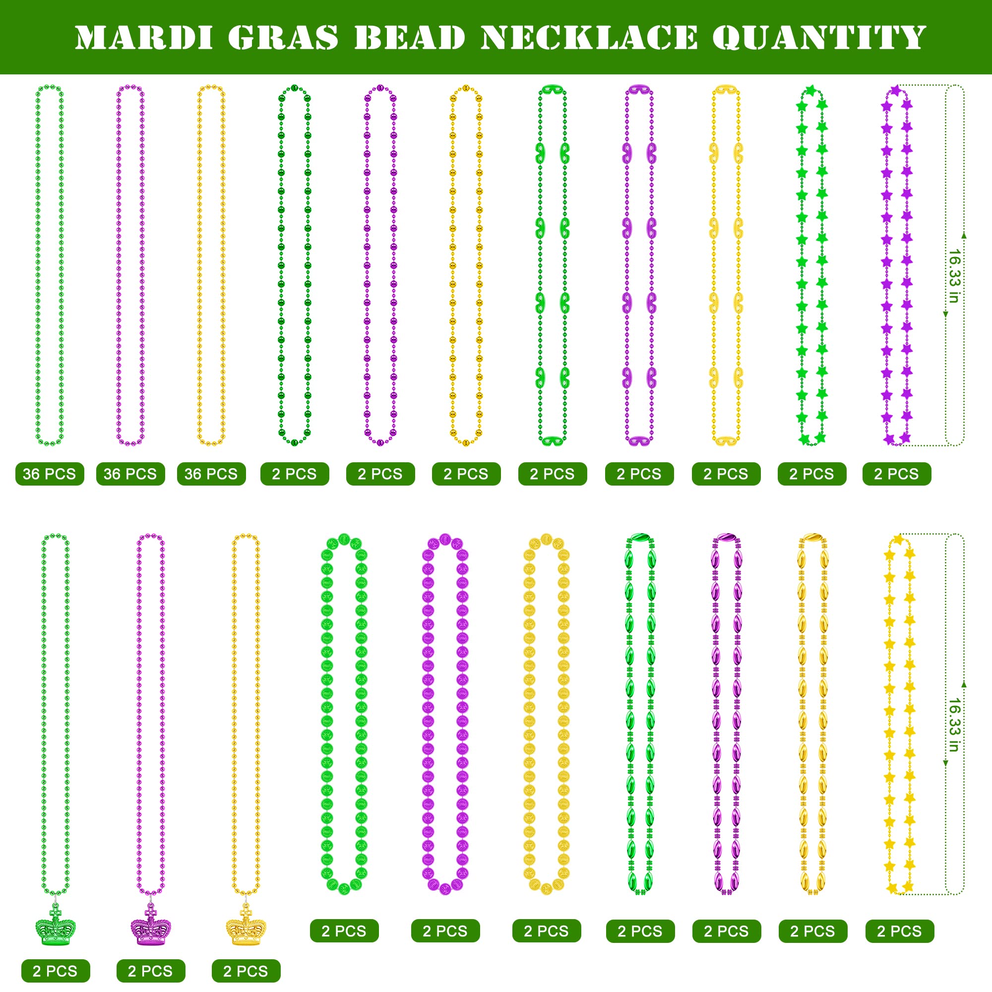 144 piezas de cuentas de Mardi Gras, cuentas metálicas de Mardi Gras, color verde, morado, dorado, accesorios a granel, collar de cuentas de Mardi Gras, disfraces, mujeres, hombres, niños, para