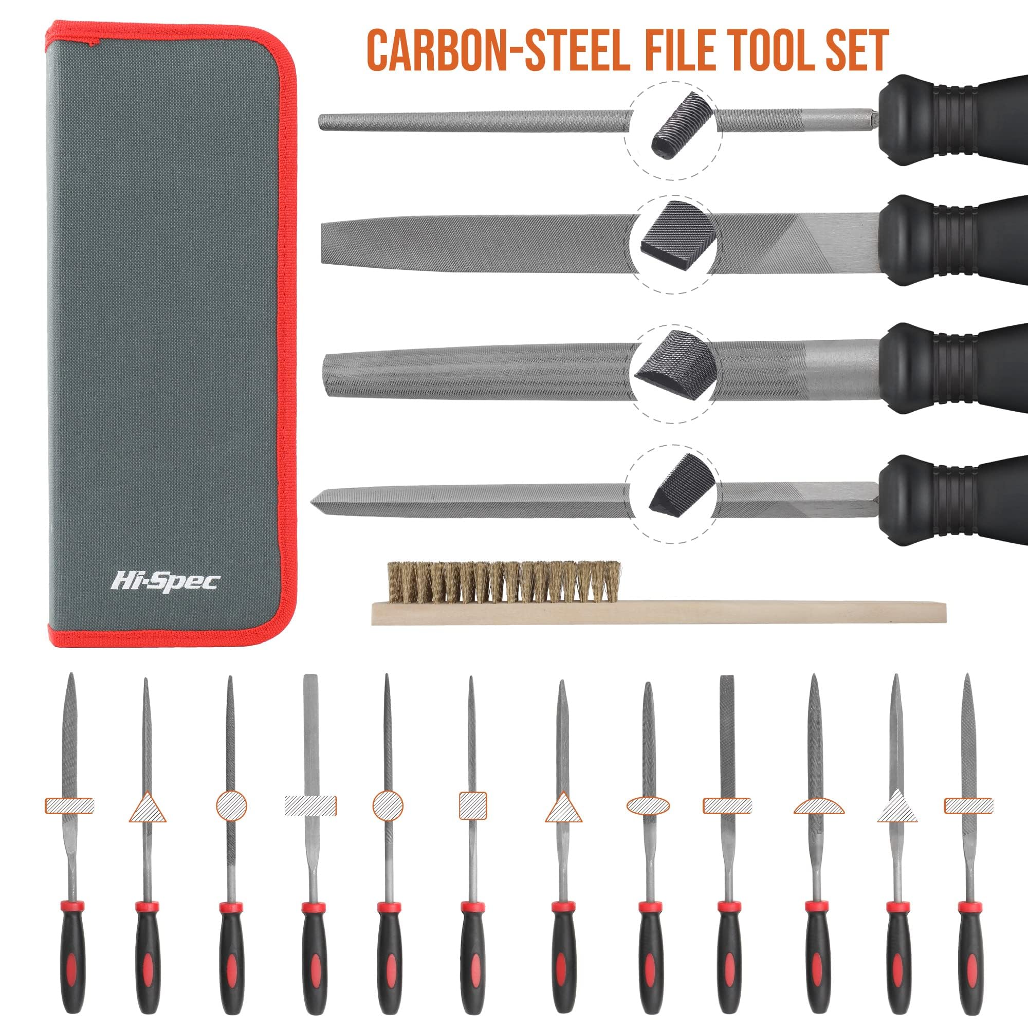 Hi-Spec Lot de 17 Limes et Râpes pour Métal et Bois, Atelier - 4 Grandes Limes, 12 Limes Aiguilles, 1 Brosse de Nettoyage - Outils de Bricolage pour Menuiserie, Ébénisterie, Céramique