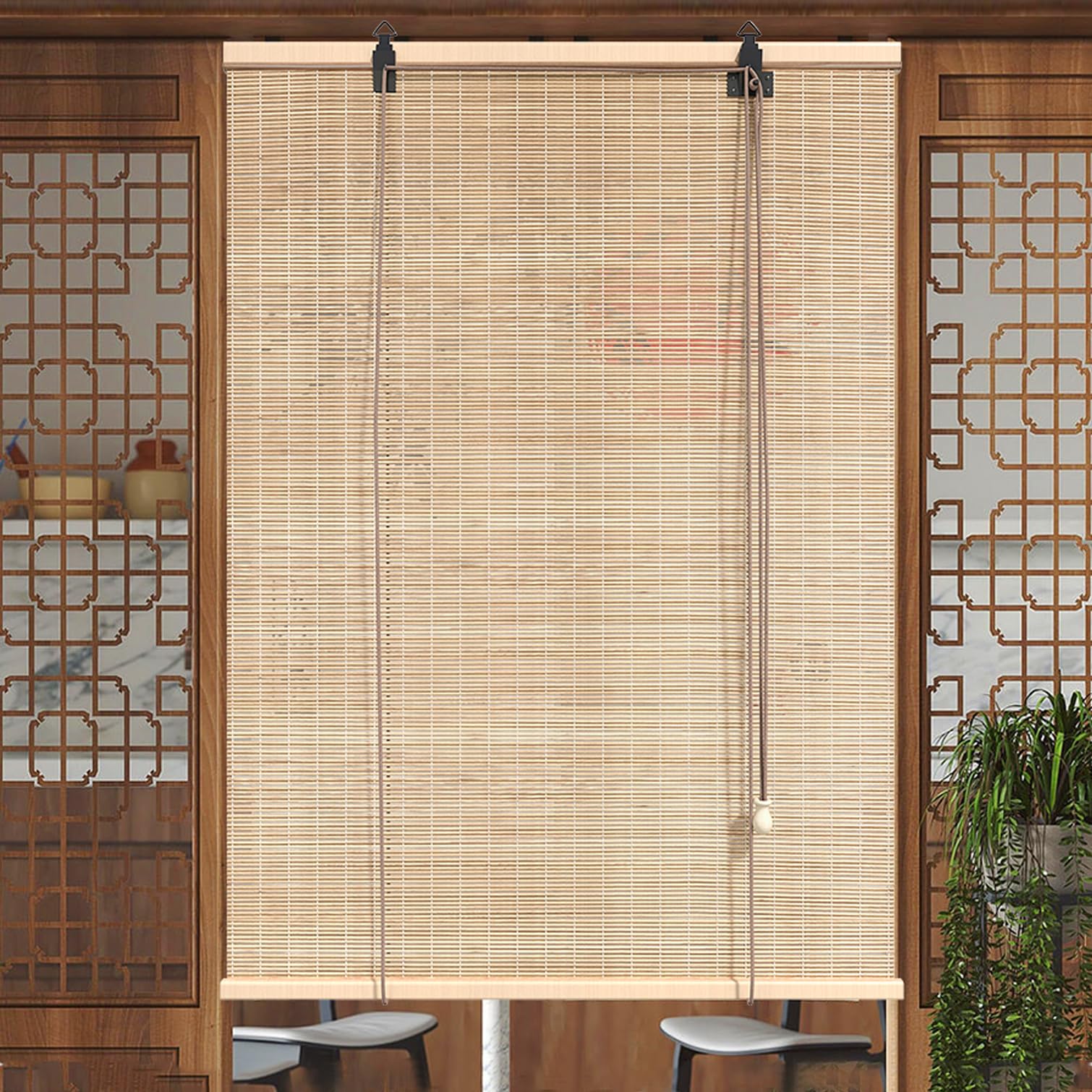 SANJIAOJIA Natural Bamboo Roller Blinds,Roll Up Outdoor/Indoor Bamboo Blinds,Roman Blinds,Light Filtering Window Blind,Sun Shades Privacy,Custom Color,Width x Height (60cm x 170cm(24in x 67in))