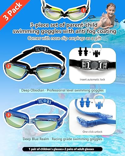 Miniatura 2 de Juego familiar de 3 gafas de natación antivaho y a prueba de fugas para adultos y niños (6 a 14 años) con protección UV  Ajuste cómodo ajustable