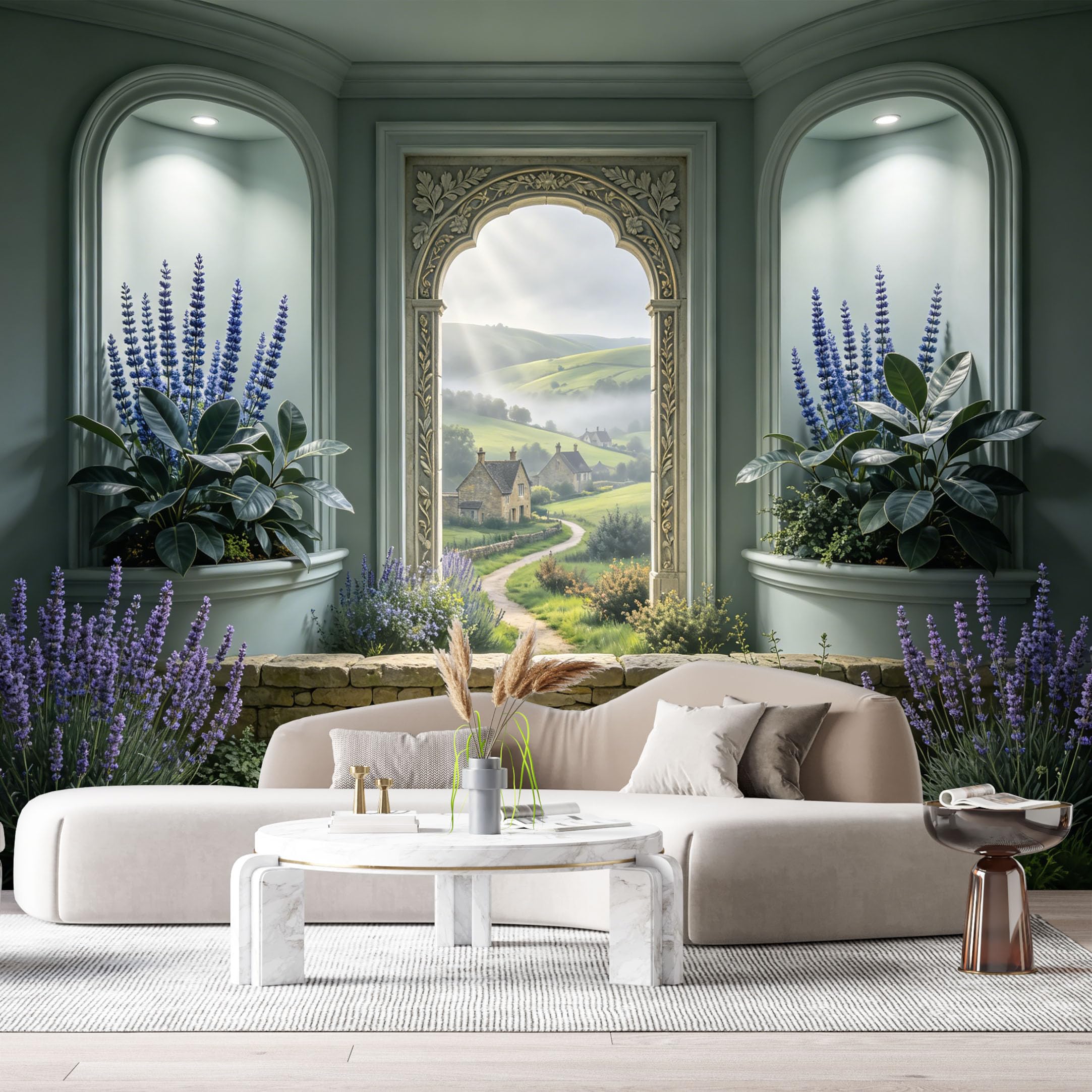 Custom Size Wall Murals Farmhouse American Country Botanical Landscape 3D Trompe L'Oeil Stone Archway Rolling Hills SelfAdhesive Wall Fabric Removable Large Wallpaper for Photo Living Room