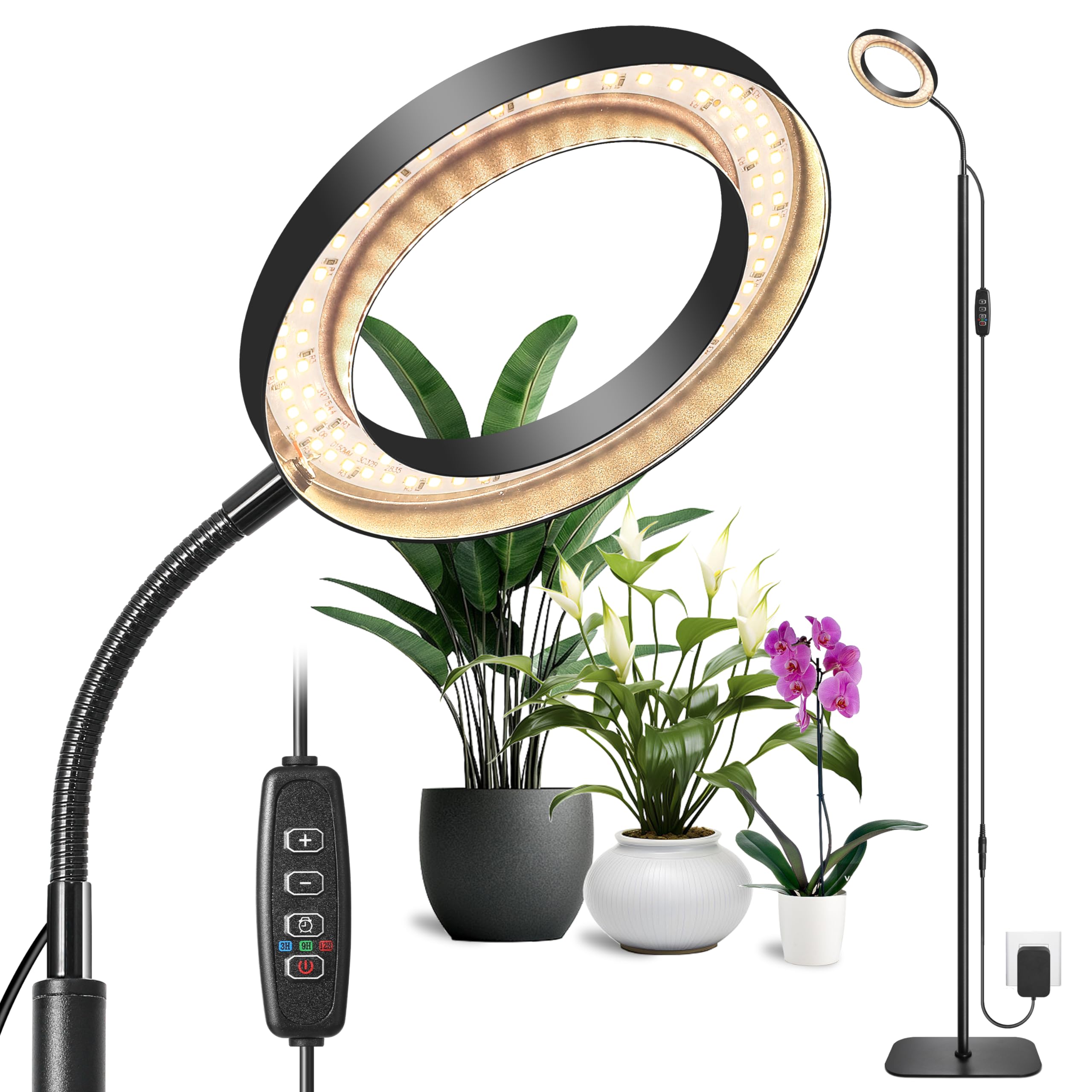 Lámpara LED de espectro completo para plantas de interior, temporizador de 3/9/12 h, 10 niveles de intensidad regulable, altura ajustable, 3000 K para plantas altas, grandes y pequeñas