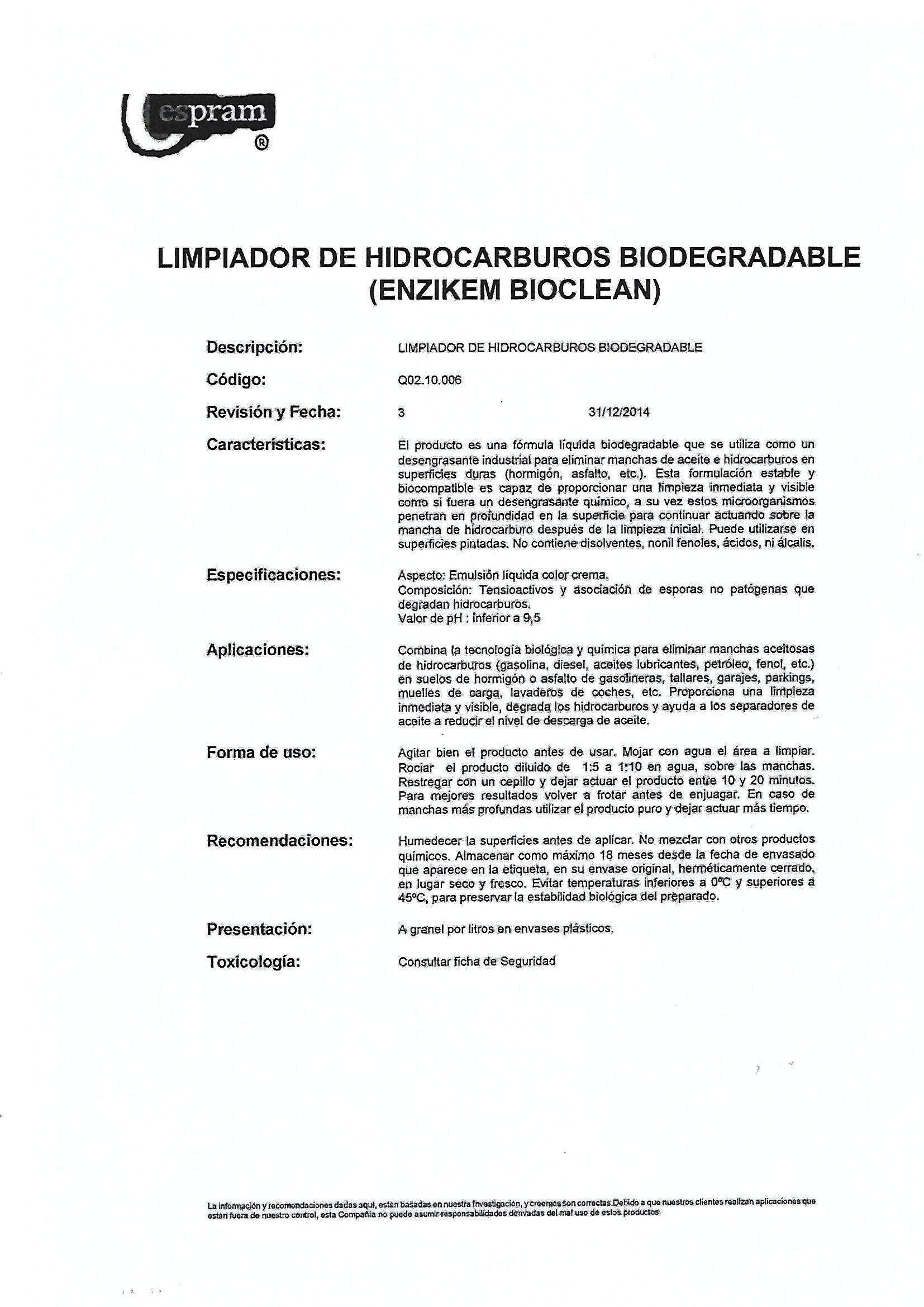 Limpiador desengrasante de hidrocarburos biodegradable. Enzikem bioclean. Envase de 1, 5 y 10 litros. (5)