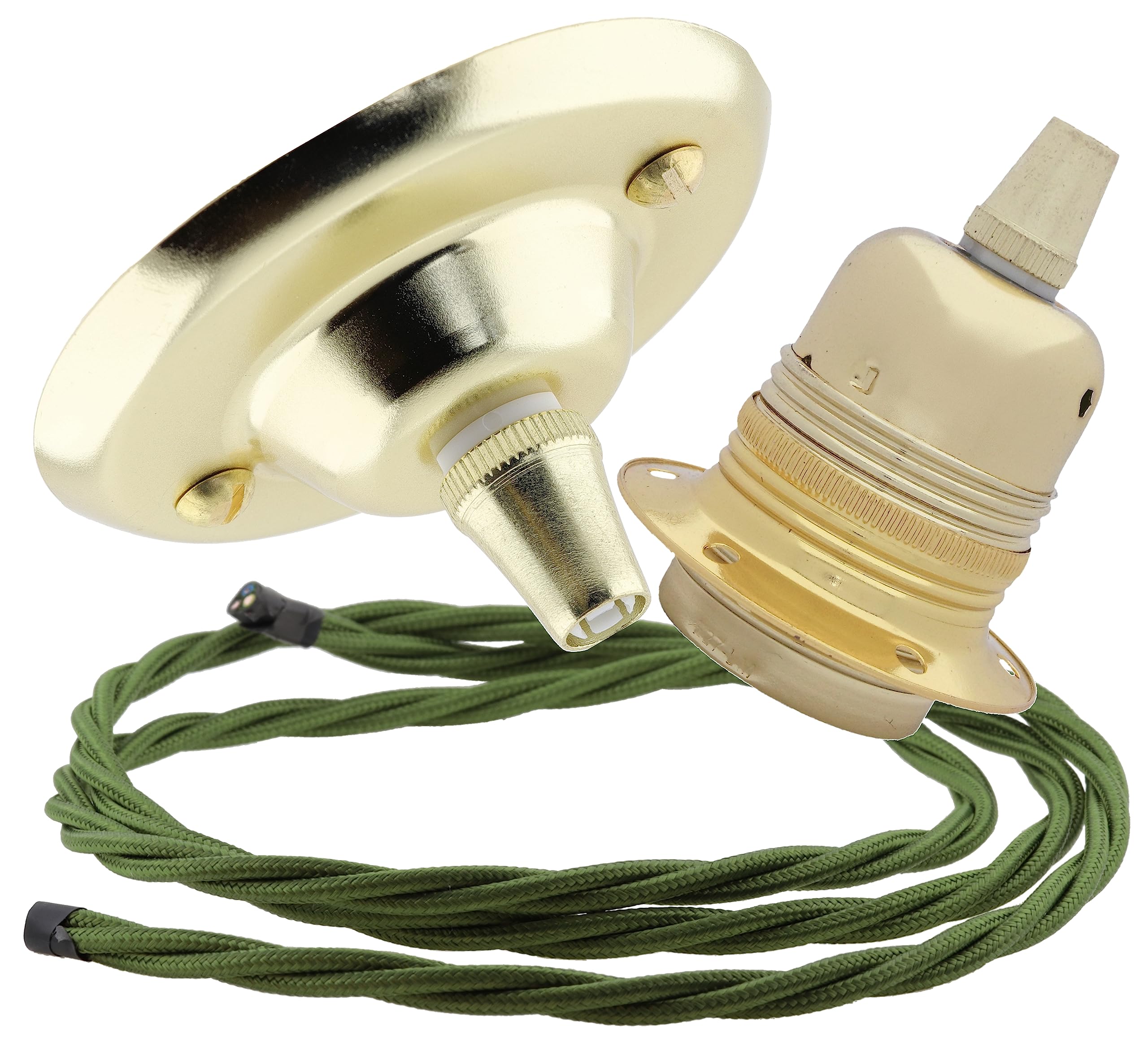 Repaireum Ltd. Vintage Styled Ceiling Pendant Kit incl. Polished Brass Effect Rose, E27 Bulb Holder and 3 Core Green Braided Twisted Flex