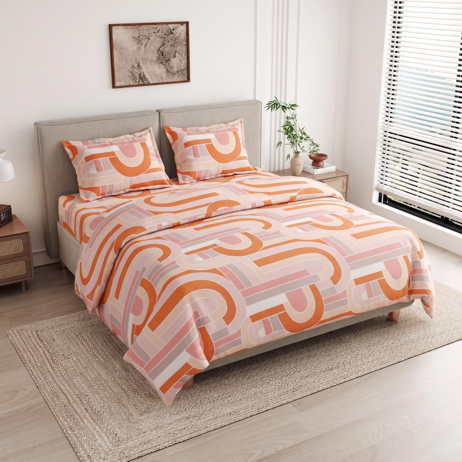 Haus & kinder Double Bedsheet for Queen Size Bed | 90 x 100 Inches 144 TC Cotton Bedsheet for Double Bed with 2 Pillow Covers - Pink Geometric