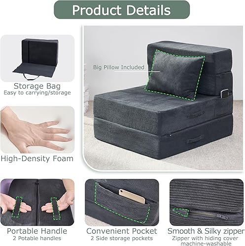 Miniatura 4 de Sofá cama plegable, silla convertible 4 en 1 con almohada, silla plegable de espuma viscoelástica individual, sofá futón moderno para sala de estar,