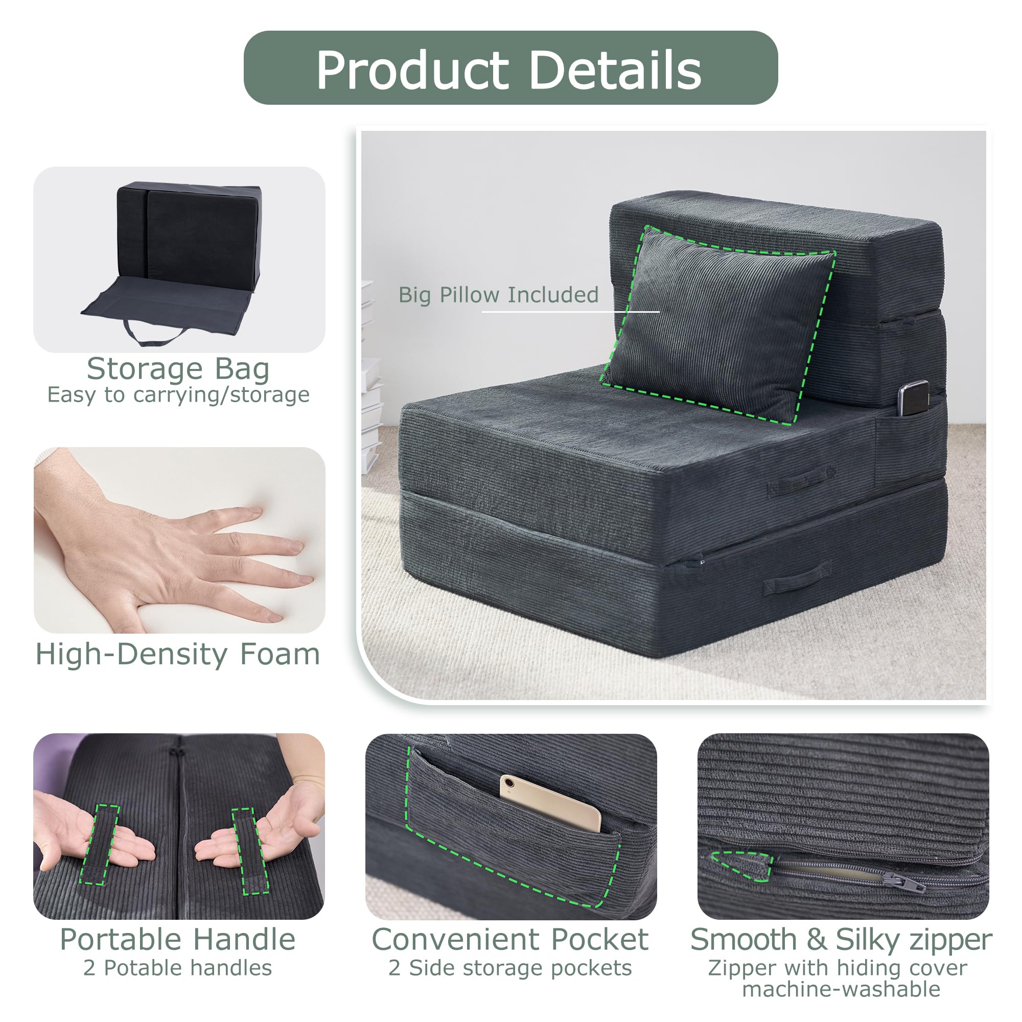 Sofá cama plegable, silla convertible 4 en 1 con almohada, silla plegable de espuma viscoelástica individual, sofá futón moderno para sala de estar, invitados, apartamento, color gris oscuro 4
