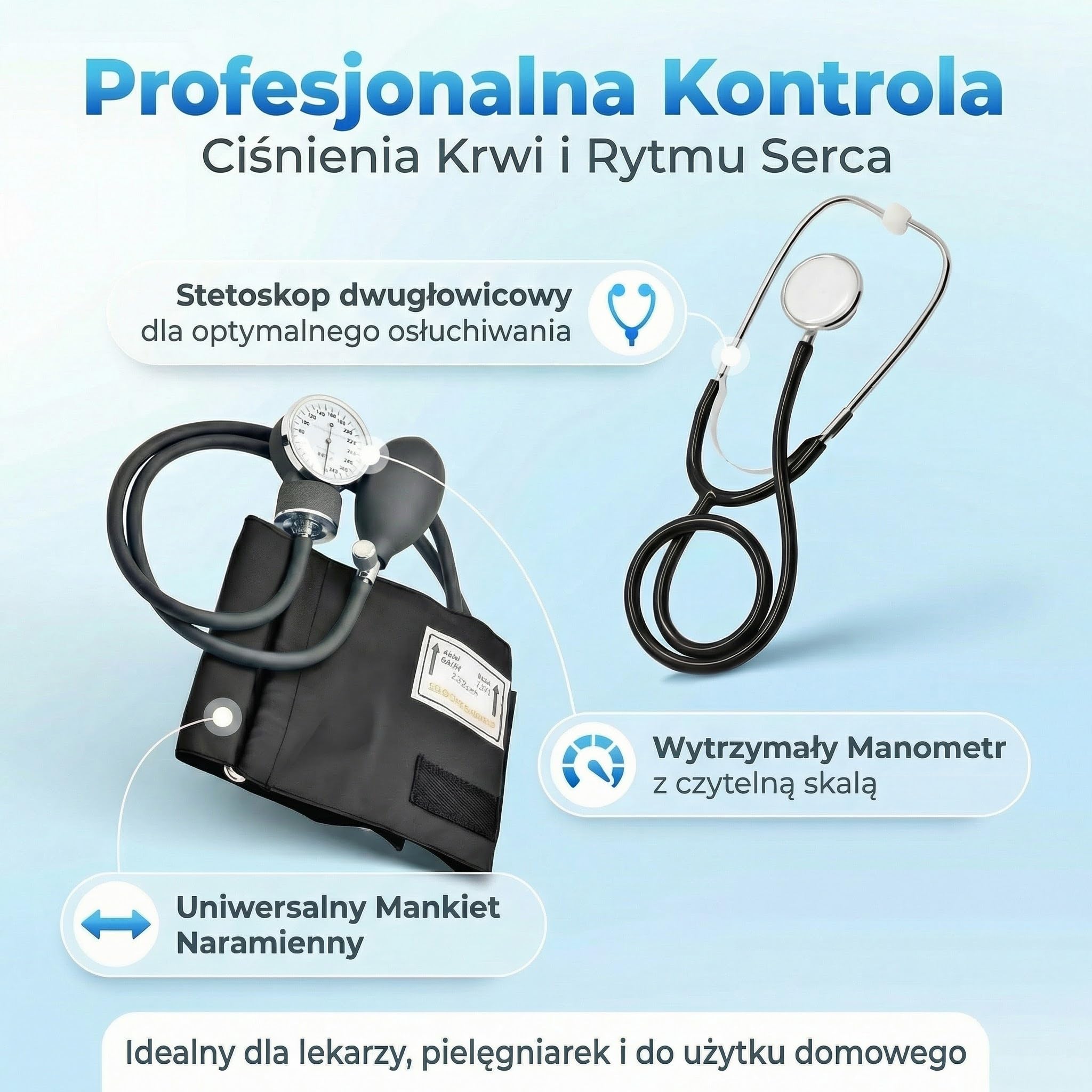 Aneroidalny Sfigmomanometr Ciśnieniomierz z Dwugłowicowym Stetoskopem | Pompką | Manometrem | Mankietem | Torba dla Karetki | Lekarza | Praktyki | Instrukcja Obsługi | Czarny