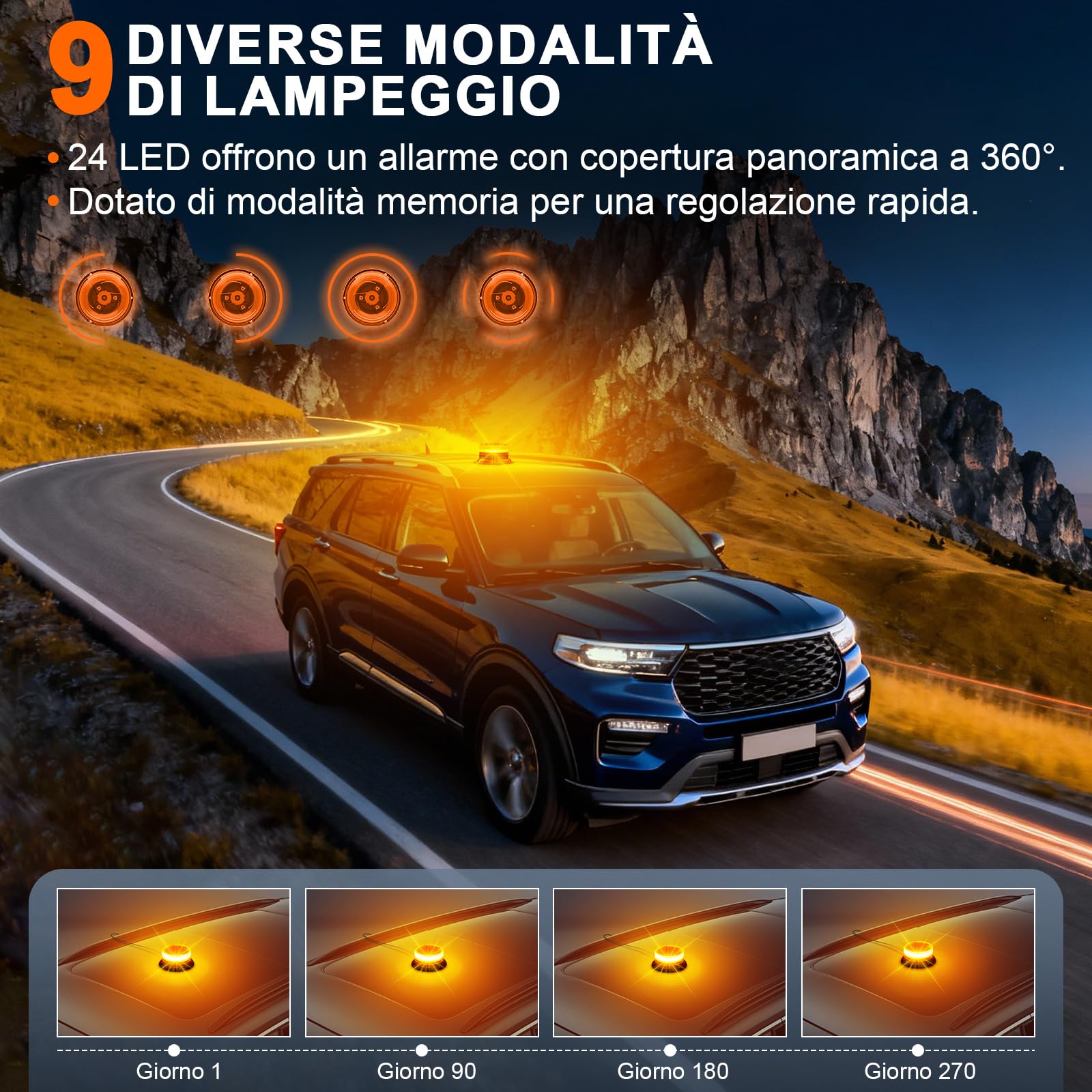 Dinfu Luce di segnalazione rotante a LED, luce di segnalazione gialla 12V-24V con magnetico e 9 modalità per auto carrello elevatore trattore golf cart UTV rimorchio SUV J-eep