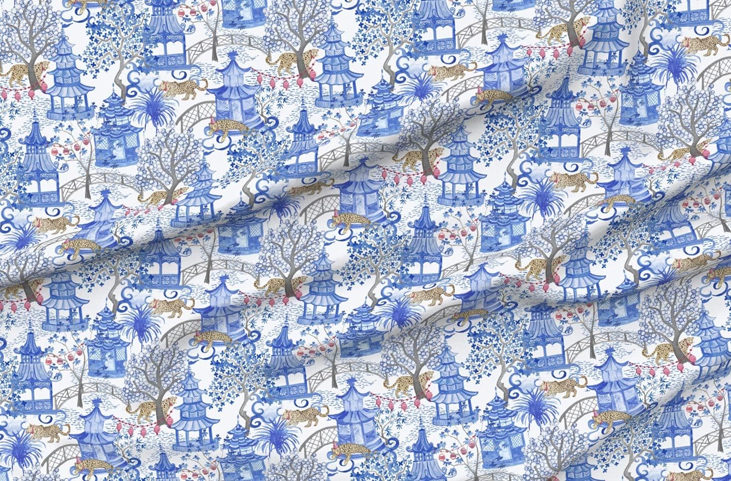 Spoonflower Fabric - Pagoda Forest Chinese Chinoiserie Lanterns Leopard Blue White Toile Printed on Organic Cotton Sateen Fabric by The Yard - Sewing Quilting Apparel Home Decor