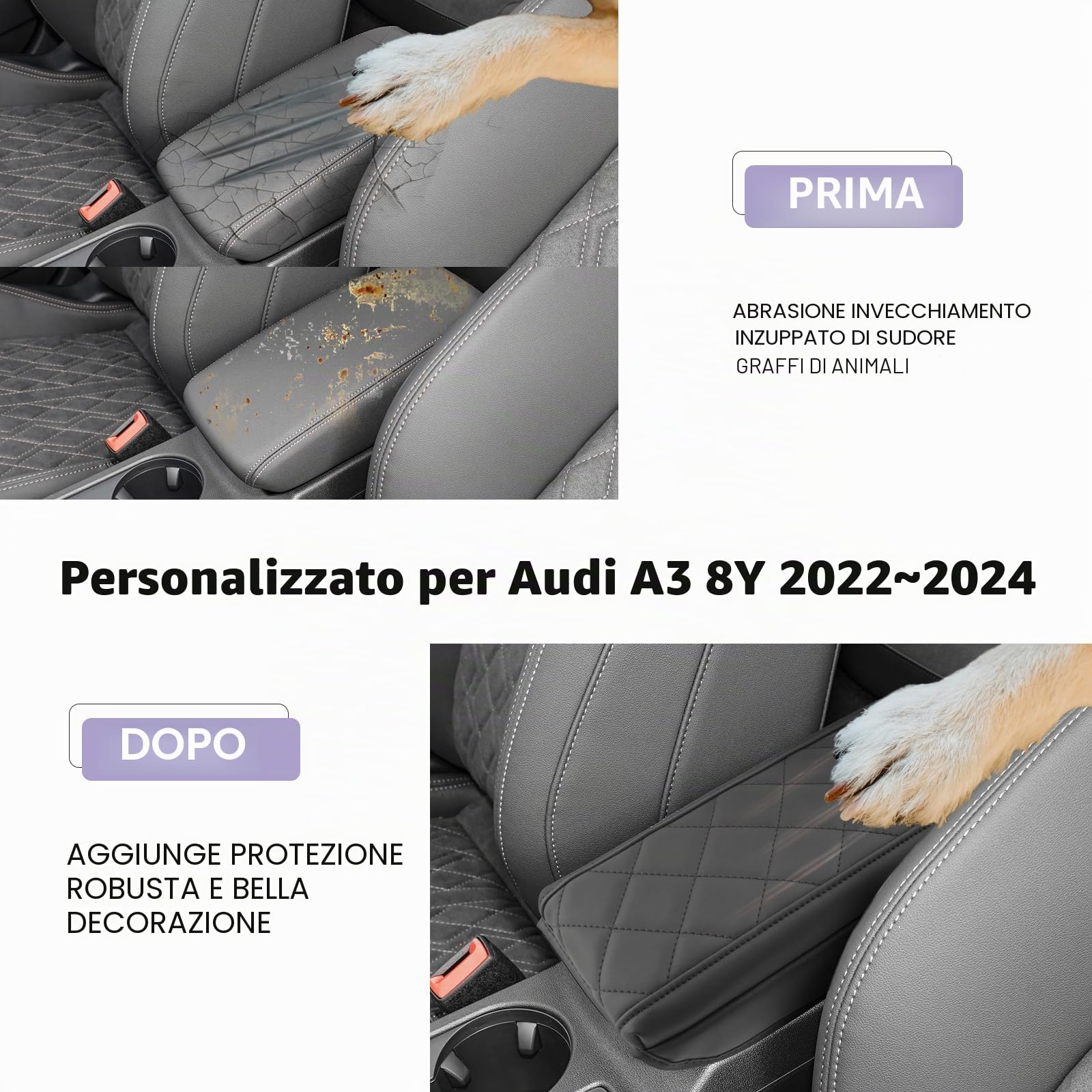 LUWU Compatibile con Audi A3 8Y 2020-2024 2025 Copertura per Bracciolo Centrale A3 Sportback Cuscino in Pelle per Bracciolo Auto Protezione Auto A3 8Y Accessori