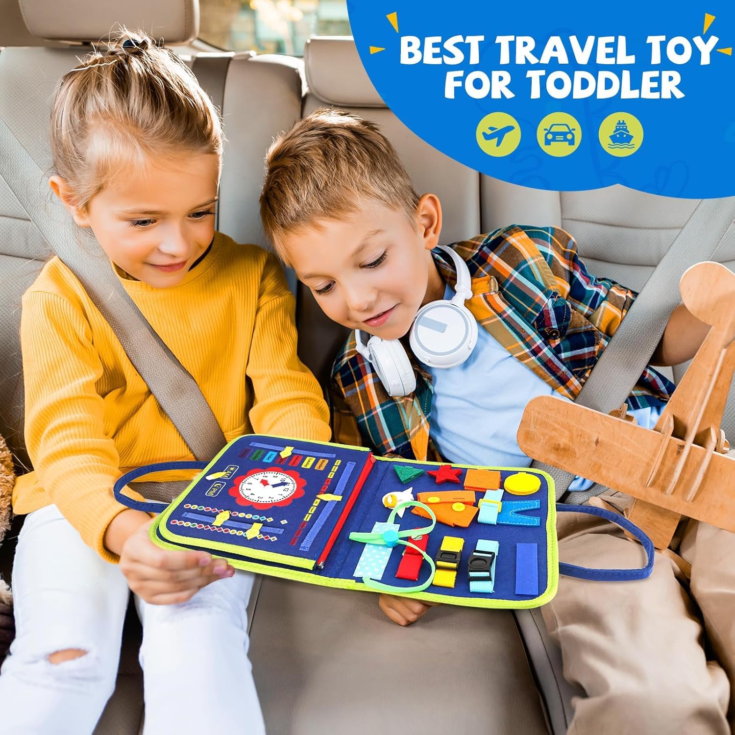 LATERN Giocattolo Montessori Busy Board per Bambini, 28CM x 21CM Tavola Sensoriale Educativa Per Attività Di Apprendimento Sviluppo Sensoriali Motorie Fini Per Bambino Regalo Aereo Auto Viaggio (Blu)