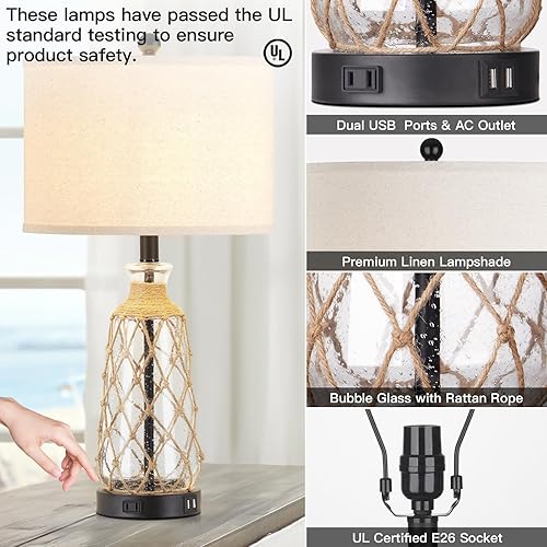 Miniatura 7 de Juego de 2 lámparas de mesa de cristal costero de 25.5 pulgadas, regulables de 3 vías, control táctil, con 2 puertos USB y salida de CA, lámpara