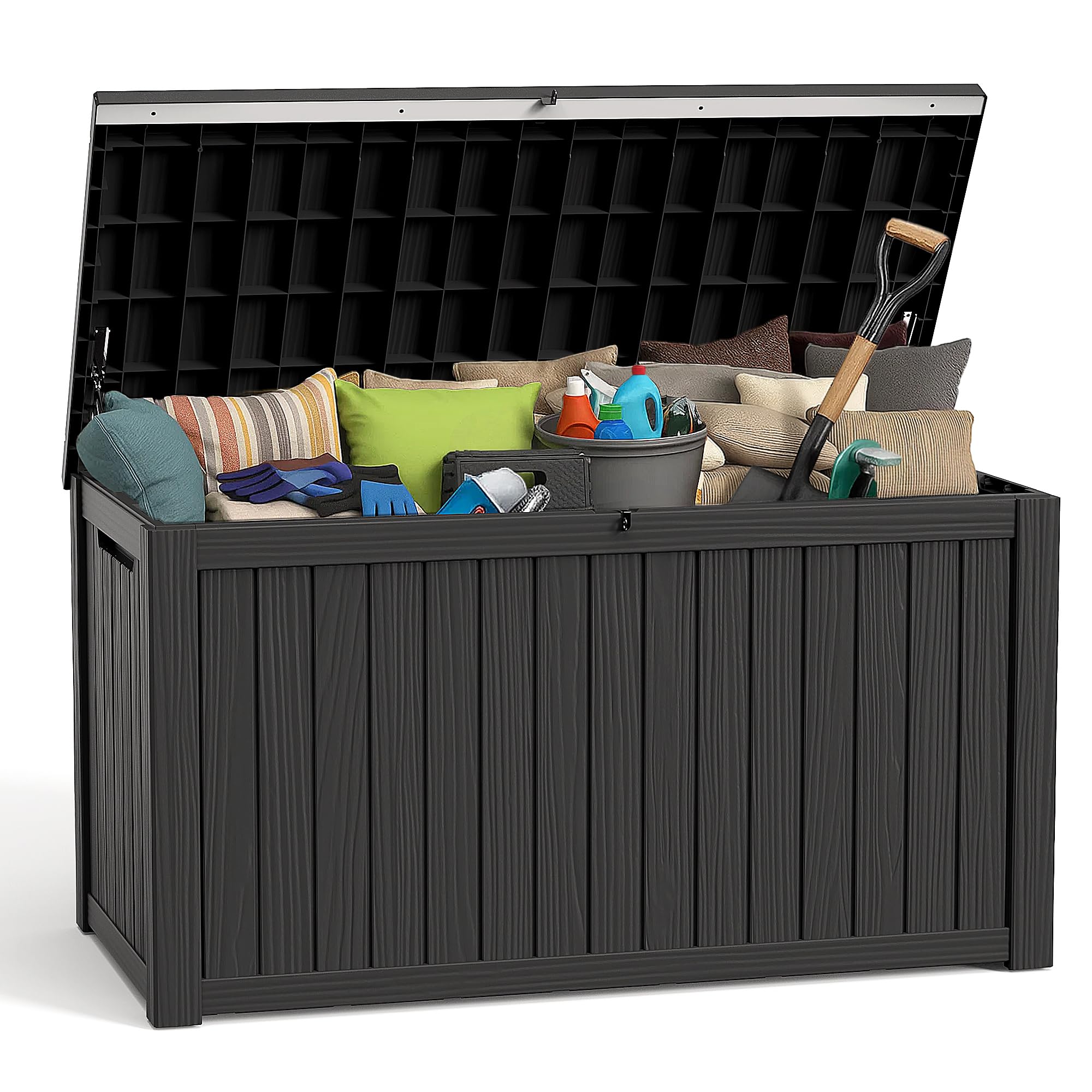 ROJIK Outdoor Storage Housing Deck Box - Waterproof Patio Furniture, Garden Tools, Cushions, Pool Accessories Storage Bench with Lockable Lid and Side Handles (Black, 200 Gal)