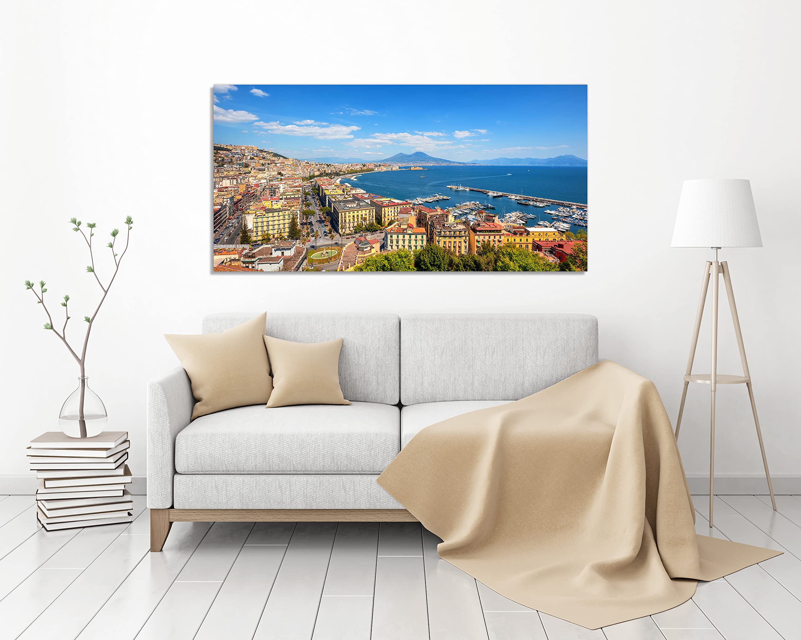 LuxHomeDecor Quadro golfo di Napoli vesuvio Stampa su Tela con Telaio in Legno Arredamento Arte Arredo Moderno (160x80 cm)