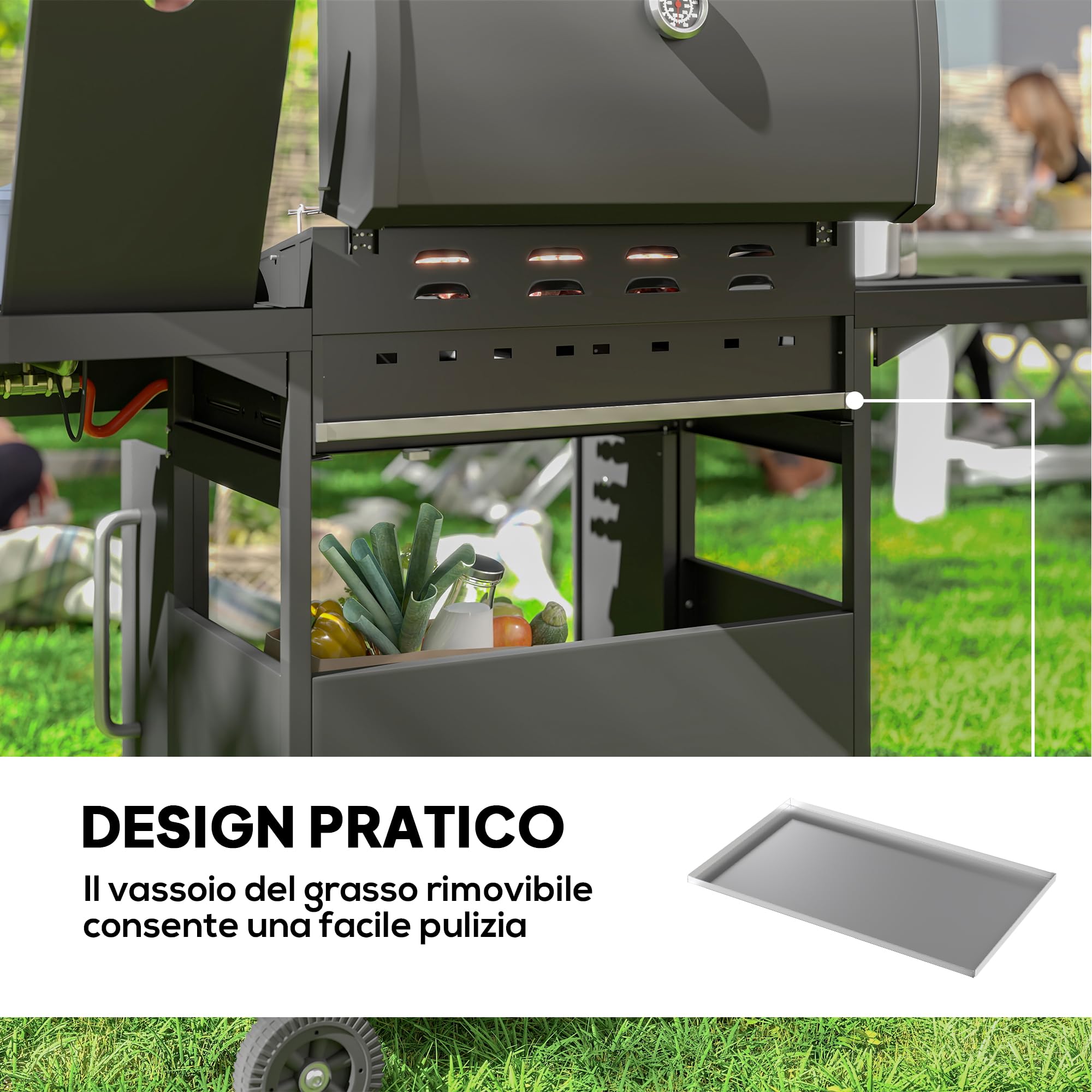 Outsunny Barbecue a Gas 4+1 Bruciatori 15.2 KW Acciaio PP con Ruote Armadietto Termometro Nero