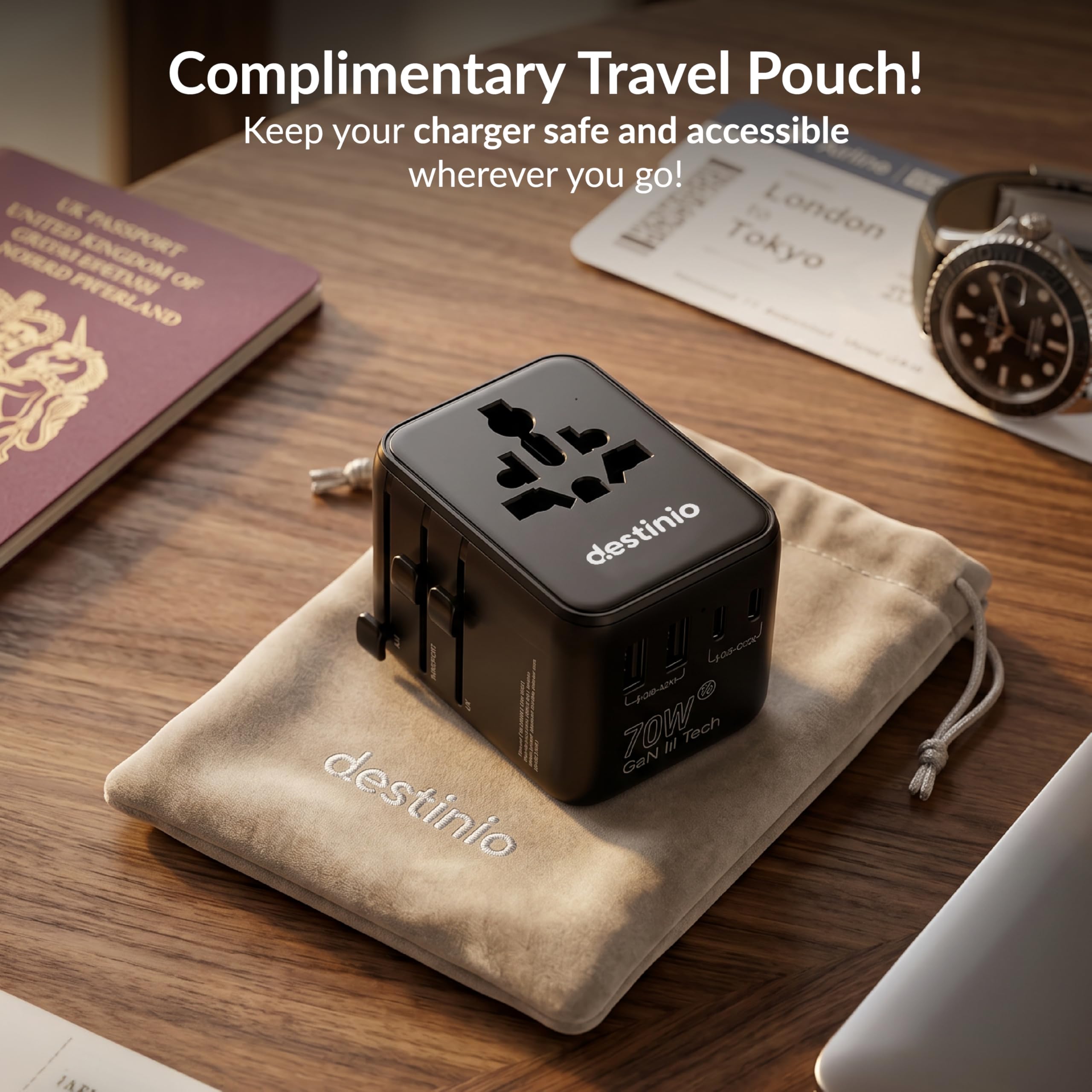 Destinio Universal Charger Adapter 70W - GaN Fast Charging Adapter for Laptop/MacBook with 3 Type C & 2 USB Ports, Compact Travel Adapter, All in One International Adapter for US, UK, Europe,Canada — Amazon image 5