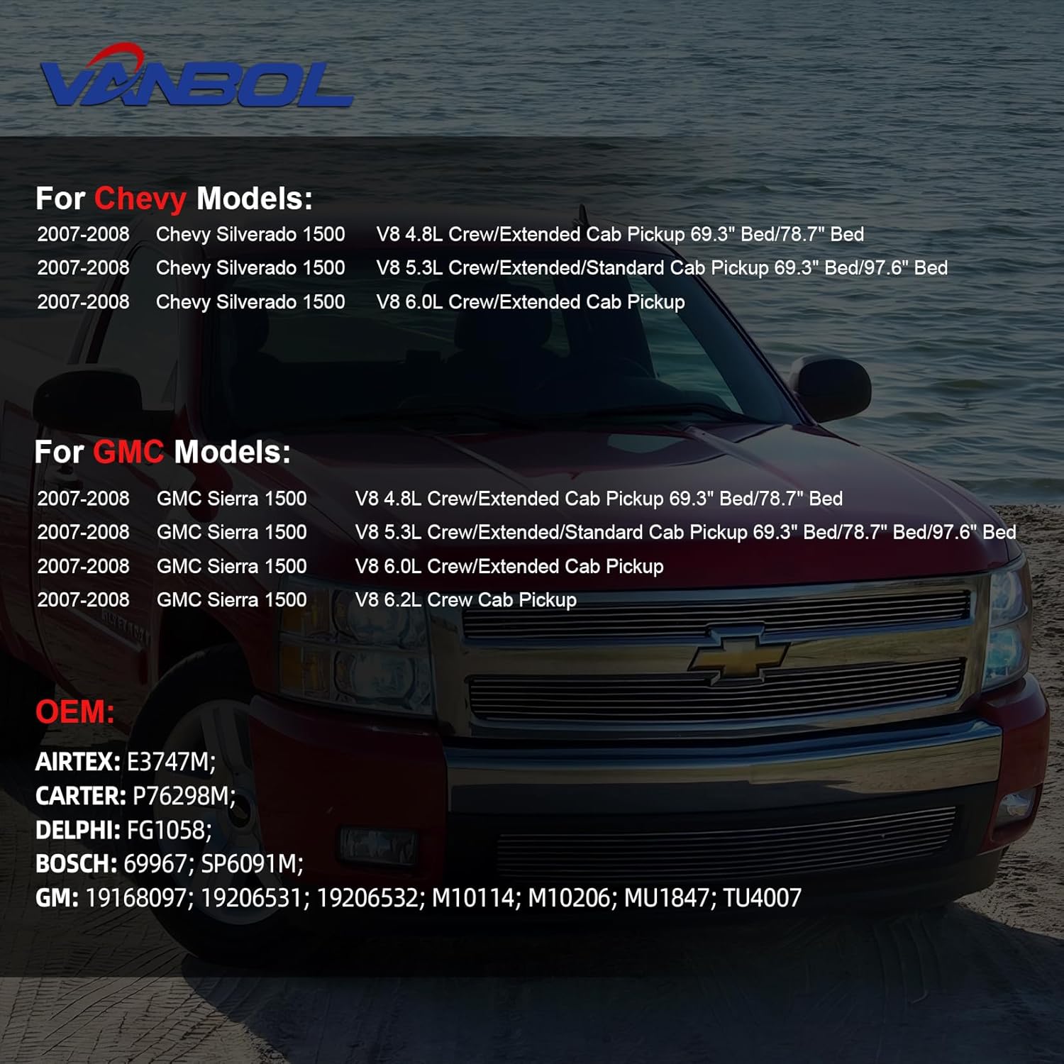 Electric Fuel Pump Assembly Compatible with 2007-2008 Chevy Silverado 1500 GMC Sierra 1500 V8 4.8L 5.3L 6.0L Pickup Replace E3747M P76298M VANBOL0053 with Sending Unit Pressure Sensor O-ring
