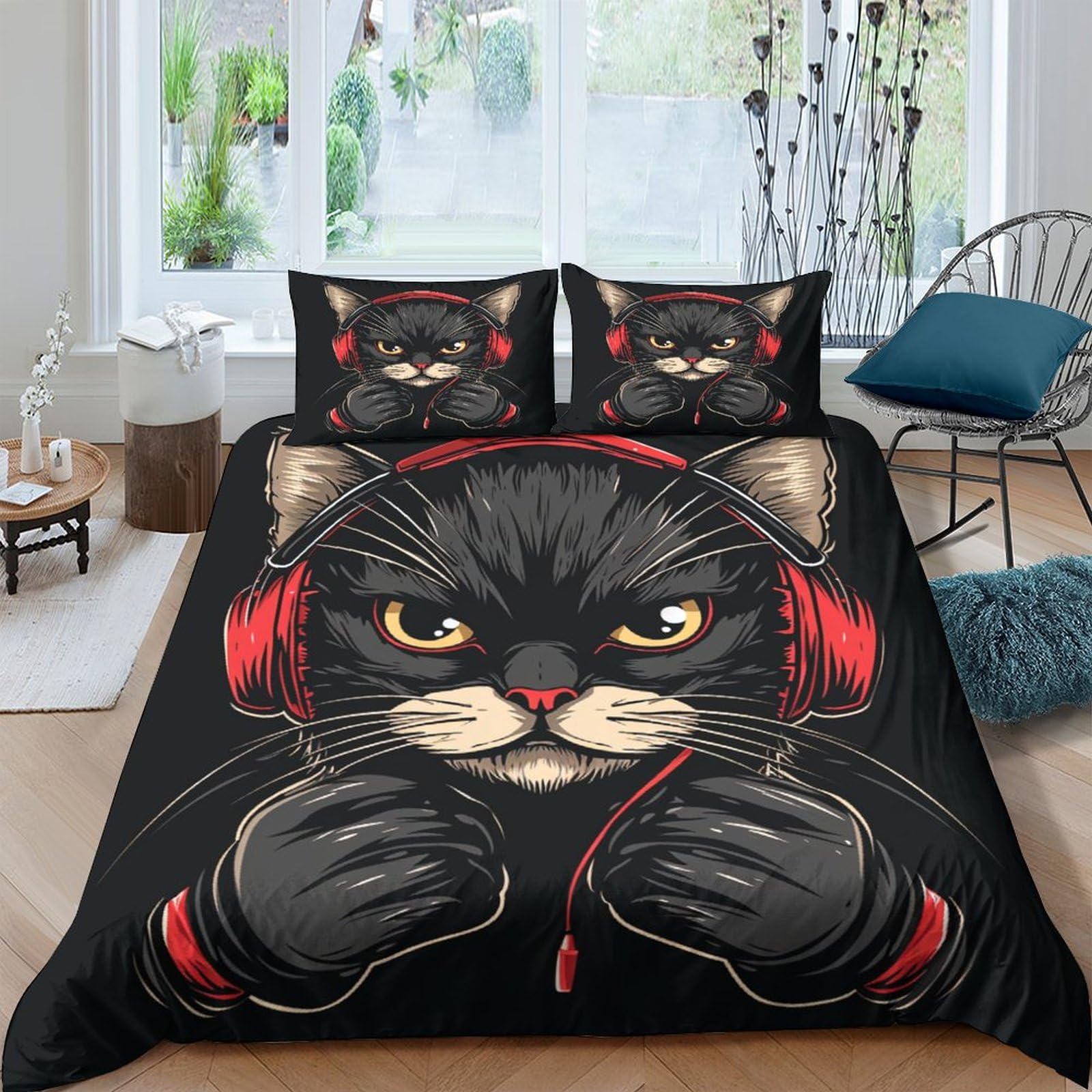 Housse de couette chat 3D parure de lit 200x200 cm avec taies