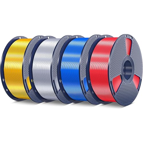 SUNLU Silk PLA Plus Filament 4kg Bundle,Shiny Silk Surface PLA+ 3D Printer Filament 1.75mm ±0.02mm,Glossy 3D Printing Filament,Good Vacuum Packaging,1kg Spool,4 Packs.(Silver+Light Gold+Blue+Red)