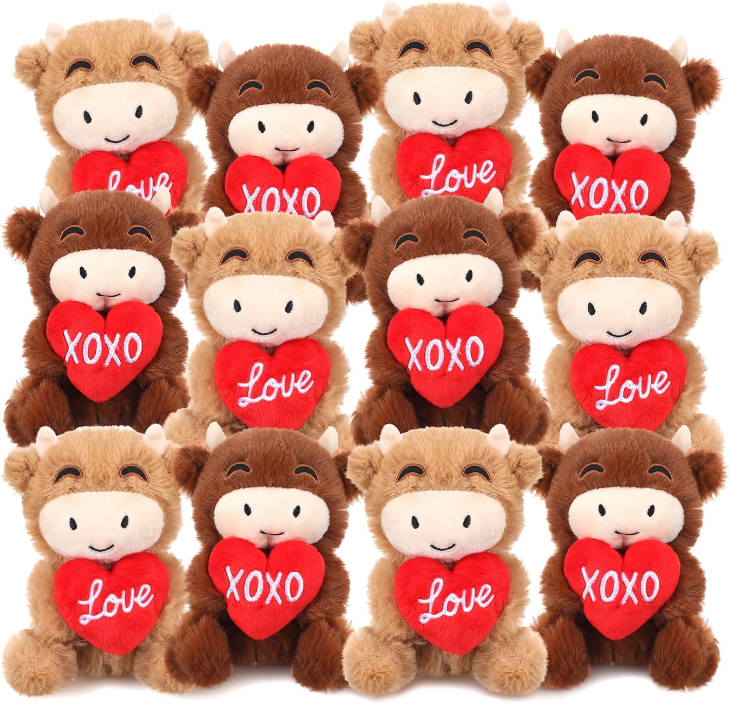 Sotiff 12 Pcs Valentine's Day Stuffed Animal Highland Cow Plush, 5.9 Inch Plush Cows with Love & Xoxo Hearts, Cute Valentine Romantic Gifts for Women, Men, Wife, Couples Valentine Party Favor Exchange