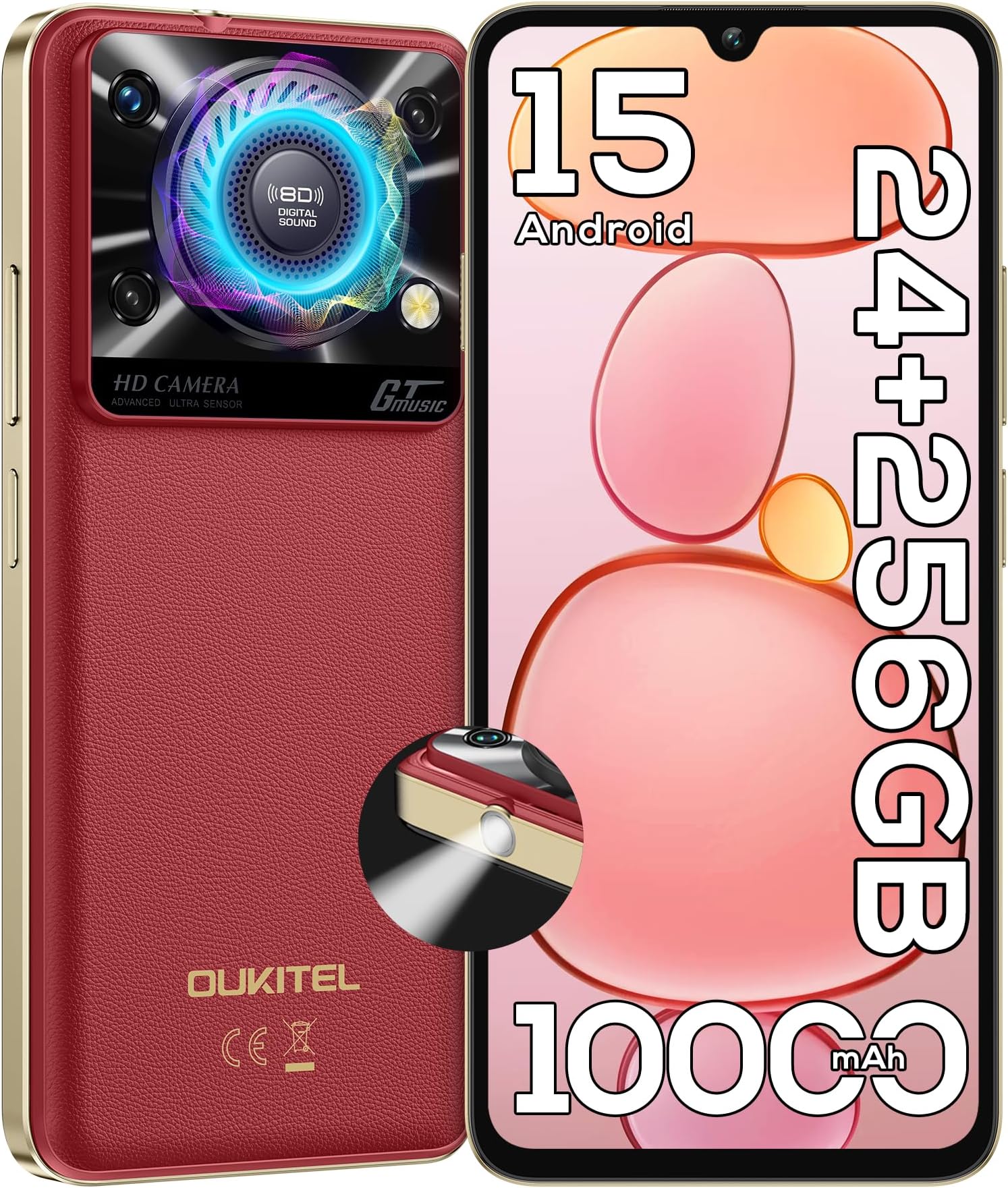 OUKITEL C60 PRO Android 15 Cell Phone Unlocked 2025-24GB+256GB/TF 1TB, 10000mAh Battery, 6.88'' Display Smartphone,110dB Speaker,120LM Flashlight, 13MP Camera, 4G Dual SIM Phones, GPS/NFC/OTG, Red