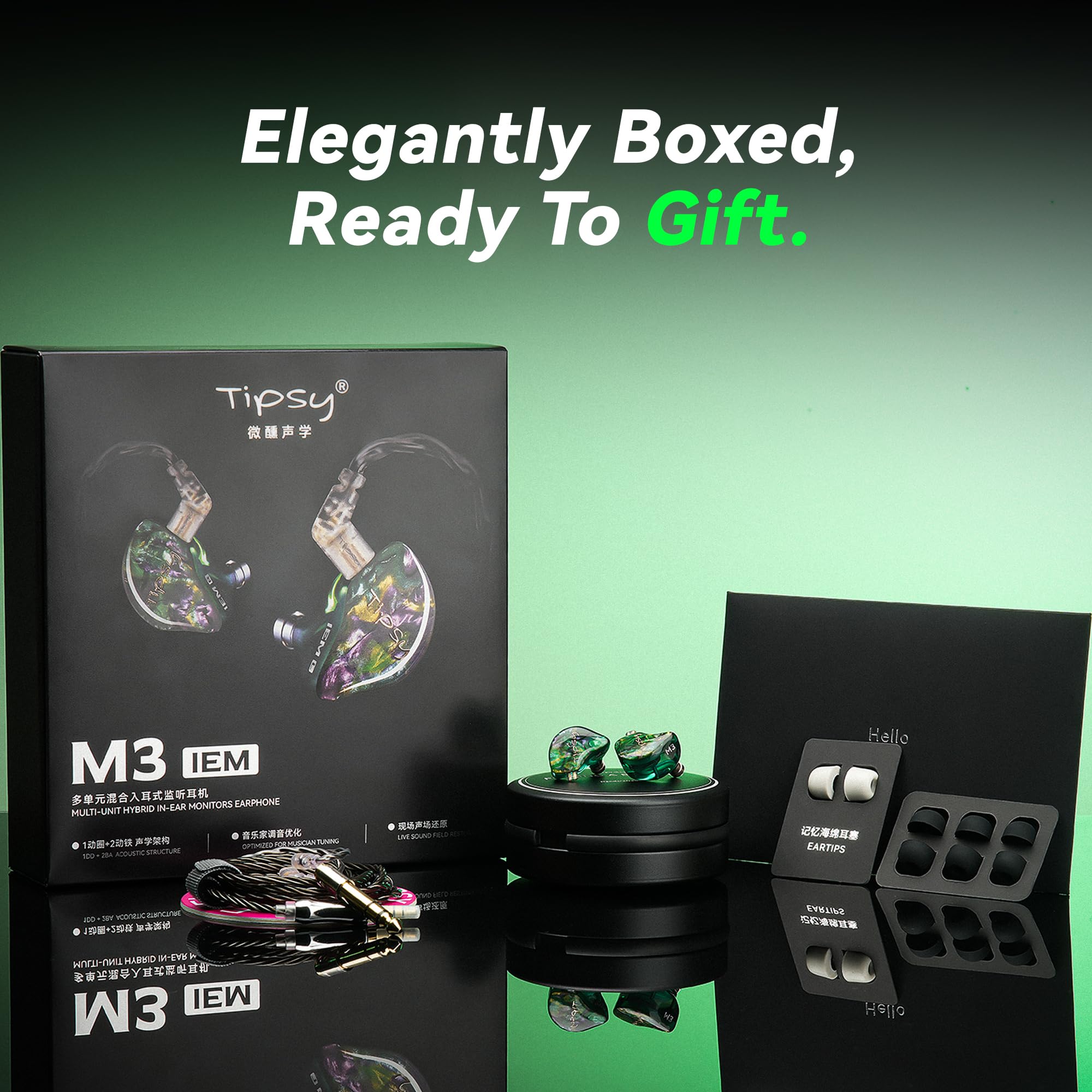 Tipsy M3 Professional IEM per musicisti, driver 2BA + 1DD, 36dB PNC, IPX5, tecnologia Acoustic-Runway, resina delicata sulla pelle, cavo staccabile a 2 pin da 0,78 mm (senza microfono, bianco e nero)