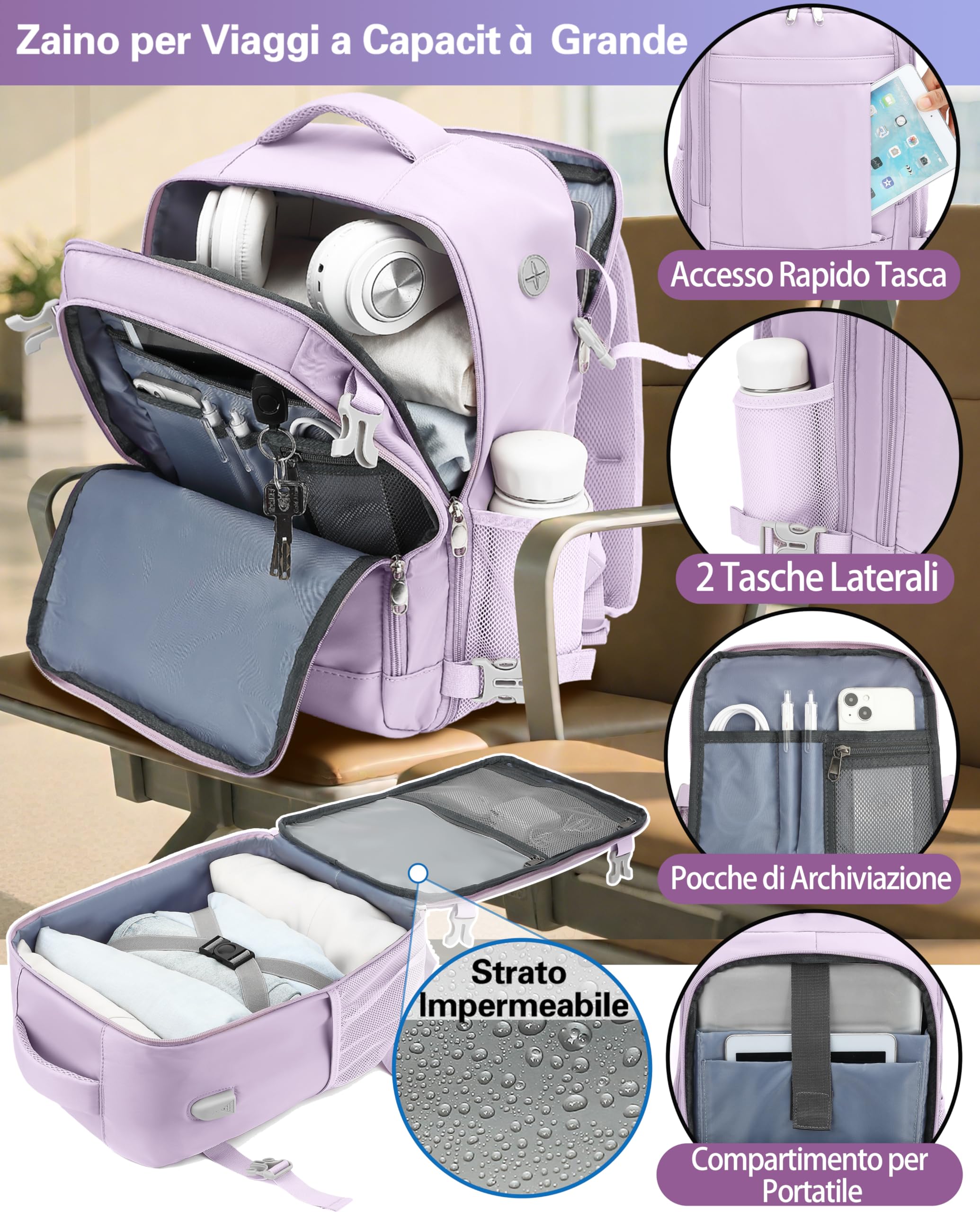 KLOSTAIN Zaino da Viaggio Easyjet 45x36x20 Zaino da Viaggio Aereo Bagaglio a Mano 30L Borsa da Cabina per Uomo e Donna da Lavoro e Scuola Trekking,14 Pollici Porta PC Viola Chiara