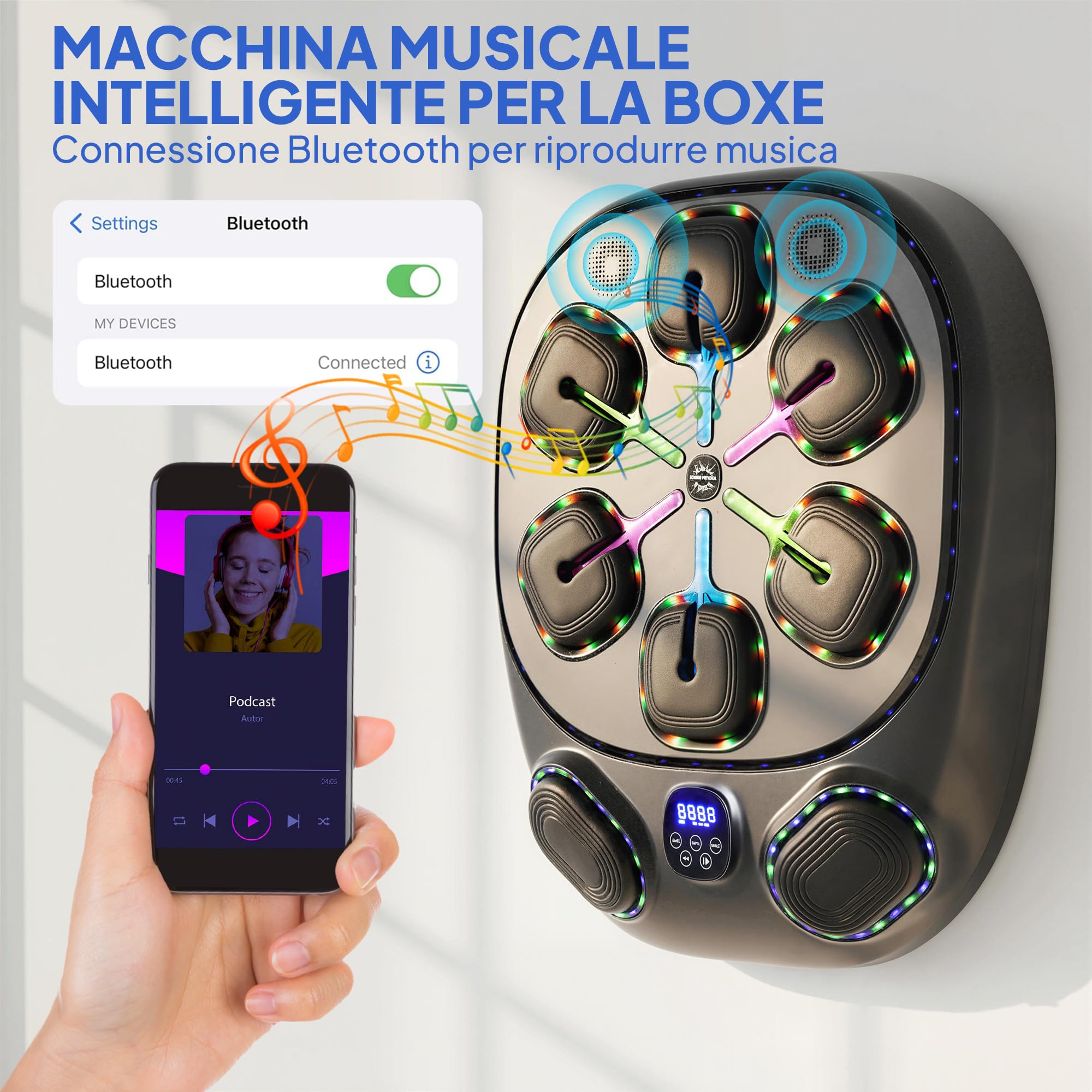 SPORTNOW Macchina da Boxe Musicale a Parete con 9 modalità e Luci LED Multicolore, Music Boxing Machine per Adulti con Connessione Bluetooth, per Casa e Palestra, 61x48x11 cm, Nero