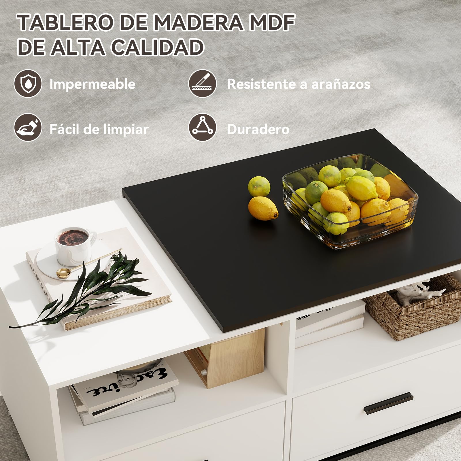 YU YUSING Mesa de Centro Elevable de 91 a 145 cm con 2 Cajones Grandes y 2 Estantes, Madera MDF para Espacios Pequeños, Blanco y Negro
