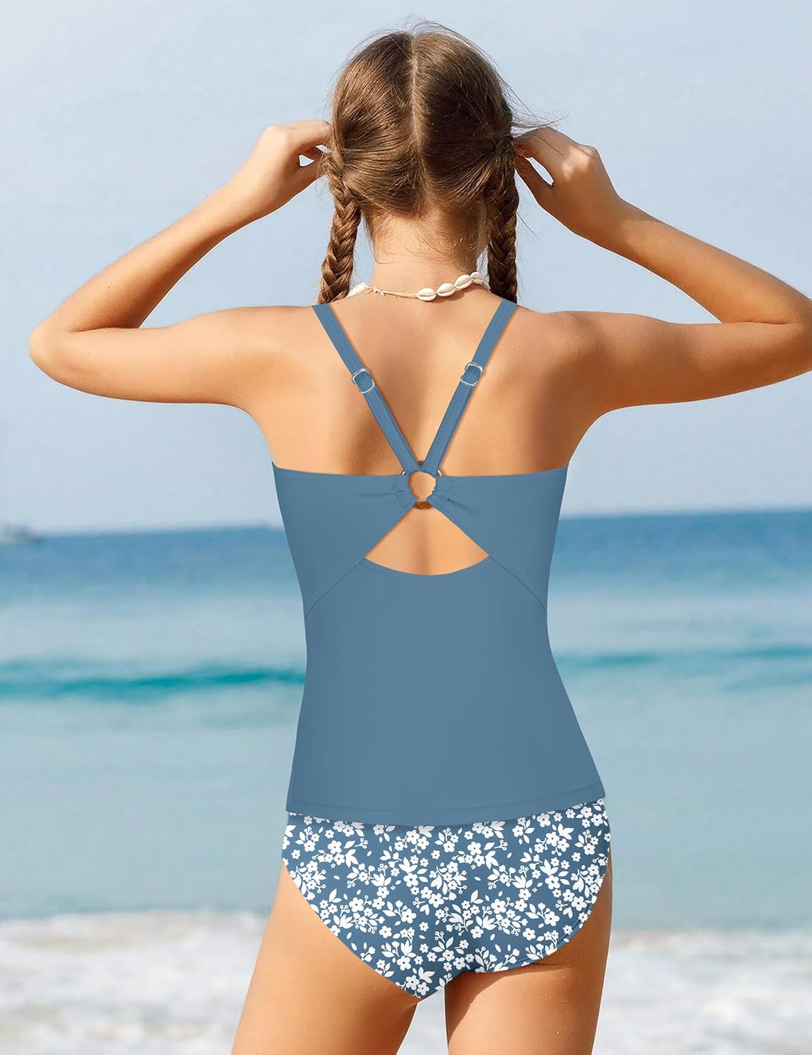 Girls Swimsuit Halterneck 2 Piece Girl Swimsuit with Floral Print Shorts Ruched Girls Tankini Swimsuit 11-18 Years - Image 3