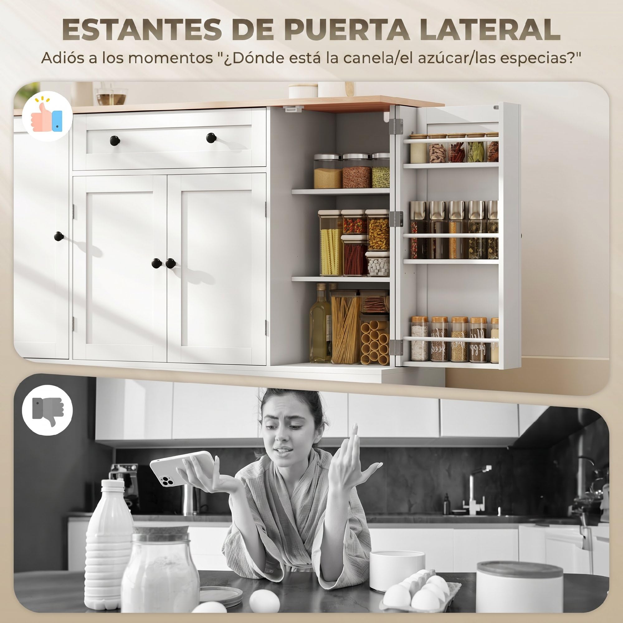 HOMCOM Aparador Armario de Cocina Moderno con Cajón 138x40x83,5 cm Blanco | Estantes en las Puertas, Estantes Ajustables, Barra de Café, para Cocina, Comedor