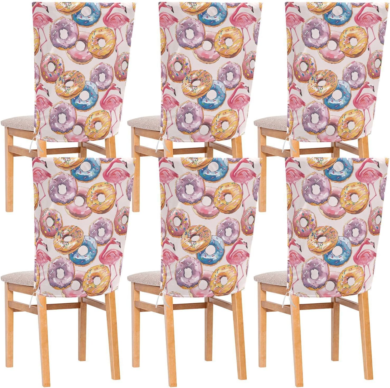 ALAZA Flamingo Cute Donuts Chair Back Cover Set of 6, Washable Reusable Removable Chair Slipcovers Decorative Chair Cover for Home Kitchen Wedding Party