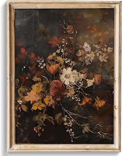uniro Vintage Floral Wall Art Print - Moody Dark Autumn Flowers, Retro Botanical Fall Decor for Bedroom Living Room (8x10 Unframed)
