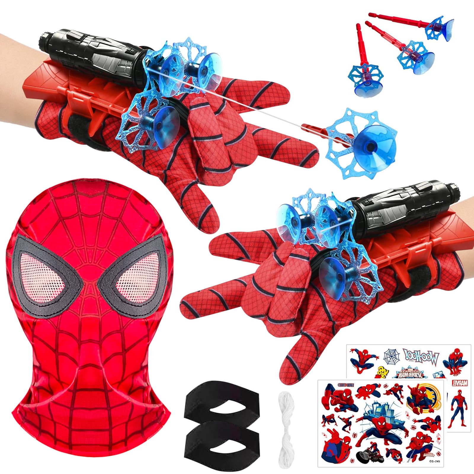 WAIMXDAO Spider Glove Launcher Set, Guanti Spider Bambino con Spider Maschera e Spider Tatuaggi, Guanti Launcher per Giochi, Guanto Lanciatore per Spider, Cosplay Giocattoli da Polso Set (A)