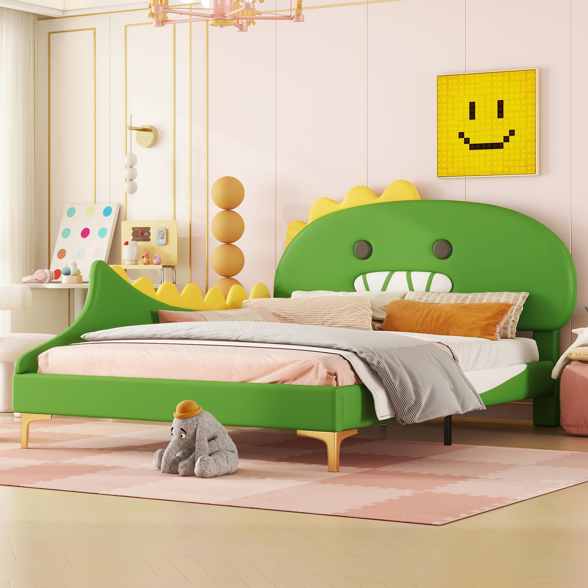RIAZOS Bett 140x200 mit Lattenrost Kinder Mädchen Doppelbett, Kinderbett, Dinosaurierform, Bettgestell, Jugendbett, Bett für Jungen und Mädchen, PU, ohne Matratze