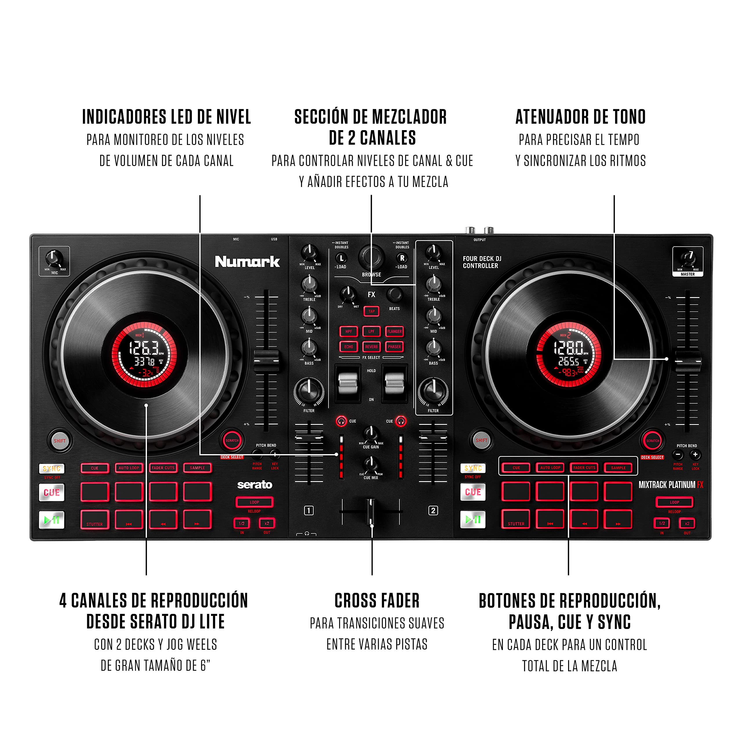 Numark Mixtrack Platinum FX + auriculares DJ HF175 – Controlador DJ de 4 secciones para Serato DJ con mezclador DJ e interfaz de audio + Auriculares de DJ Profesionales