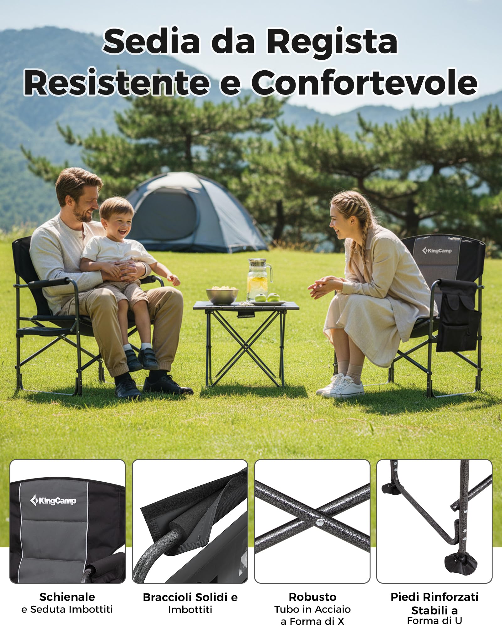 KingCamp Sedia da Regista Camping Pieghevole, Fino al 200 kg | Sedia da Campeggio Imbottita, Tavolino Laterale e Tasca Portaoggetti, Sedie da Pesca Portatile per Campeggio Giardino BBQ