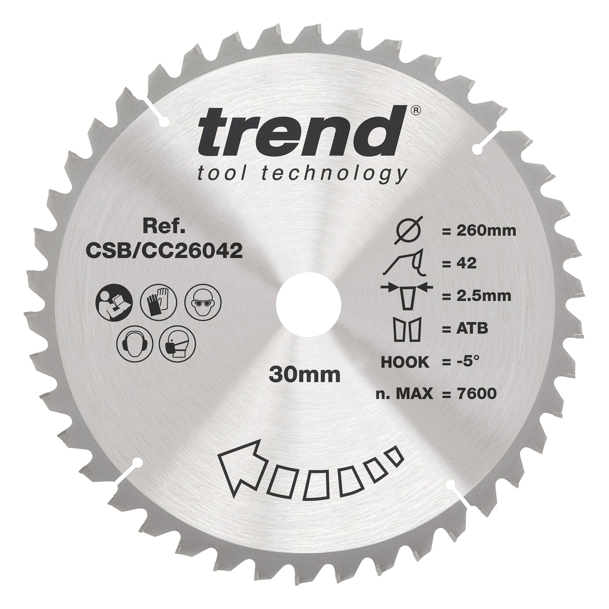 Trend 260Mm X 42 Teeth X 30Mm Bore Wood Mitre Saw Blade, 260Mm Diameter, 30Mm Bore, 42 Teeth, 2.5Mm Kerf, -5° Hook, Tct, Medium Finish, Csb/Cc26042