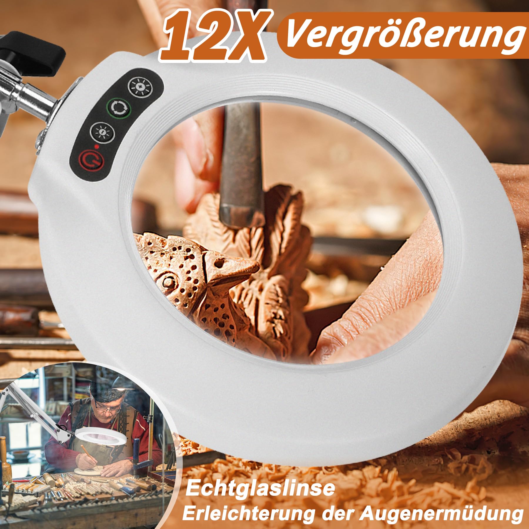 Veemagni 12X Lupa con luz, 5 Modos de Color, Regulable sin Niveles, lámpara de Escritorio 2 en 1 y Abrazadera, Lupa iluminada LED con luz y Soporte, Manos Libres para Manualidades, aficiones, Pintura